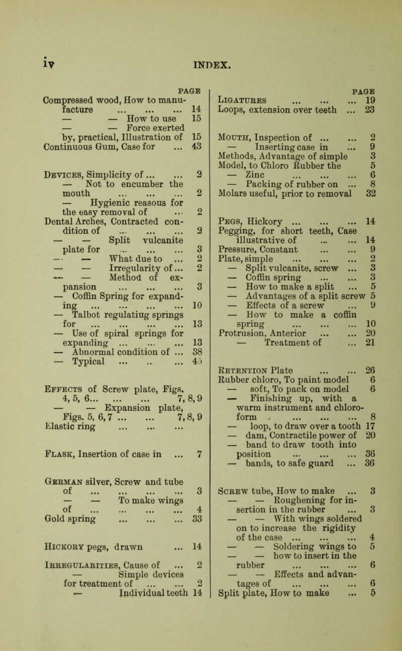 PAGE Compressed wood, How to manu- facture 14 — — How to use 15 — — Force exerted by, practical, Illustration of 15 Continuous Gum, Case for ... 43 Devices, Simplicity of 2 — Not to encumber the mouth 2 — Hygienic reasons for the easy removal of 2 Dental Arches, Contracted con- dition of 2 — — Split vulcanite plate for 3 — • — What due to ... 2 — — Irregularity of... 2 — Method of ex- pansion 3 — Coffin Spring for expand- ing 10 — Talbot regulatiug springs for 13 — Use of spiral springs for expanding 13 — Abnormal condition of ... 38 — Typical ... 4 o Effects of Screw plate, Figs. 4,5,6 7,8,9 — — Expansion plate, Figs. 5, 6,7 7,8, 9 Elastic ring Flask, Insertion of case in ... 7 PAGE Ligatures 19 Loops, extension over teeth ... 23 Mouth, Inspection of 2 — Inserting case in ... 9 Methods, Advantage of simple 3 Model, to Chloro Rubber the 5 — Zinc 6 — Packing of rubber on ... 8 Molars useful, prior to removal 32 Pegs, Hickory 14 Pegging, for short teeth, Case illustrative of 14 Pressure, Constant 9 Plate, simple 2 — Split vulcanite, screw ... 3 — Coffin spring 3 — How to make a split ... 5 — Advantages of a split screw 5 — Effects of a screw ... 9 — How to make a coffin spring 10 Protrusion, Anterior 20 — Treatment of ... 21 Retention Plate 26 Rubber chloro, To paint model 6 — soft, To pack on model 6 — Finishing up, with a warm instrument and chloro- form .. 8 — loop, to draw over a tooth 17 — dam, Contractile power of 20 — band to draw tooth into position 36 — bands, to safe guard ... 36 German silver, Screw and tube of — — To make wings of Gold spring 3 4 33 Hickory pegs, drawn ... 14 Irregularities, Cause of ... 2 — Simple devices for treatment of 2 «— Individual teeth 14 Screw tube, How to make ... 3 — — Roughening for in- sertion in the rubber ... 3 — — With wings soldered on to increase the rigidity of the case 4 — — Soldering wings to 5 — — how to insert in the rubber 6 — — Effects and advan- tages of 6 Split plate, How to make ... 5