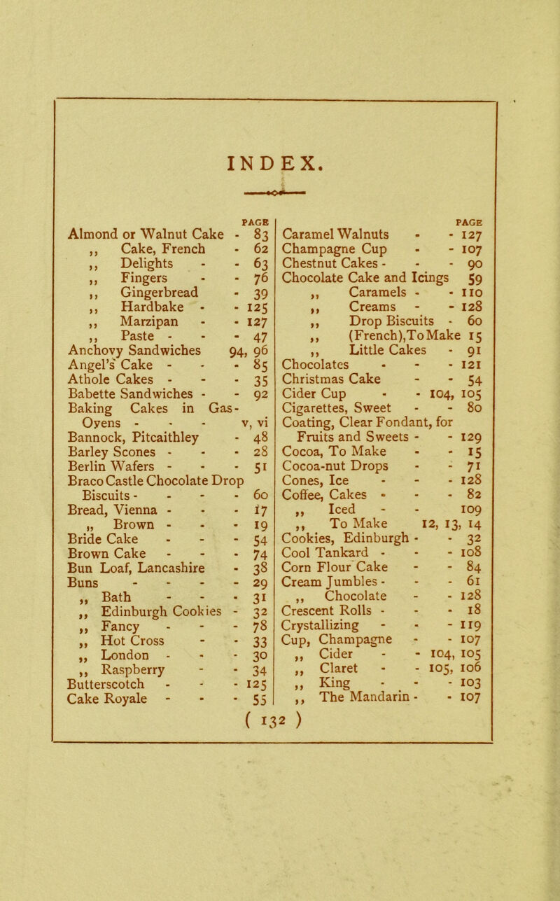 c PAGE PAGE Almond or Walnut Cake - 83 Caramel Walnuts 127 ,, Cake, French - 62 Champagne Cup 107 ,, Delights - 63 Chestnut Cakes - 90 „ Fingers • 76 Chocolate Cake and Icings 59 ,, Gingerbread - 39 ,, Caramels - no ,, Hardbake • - 125 ,, Creams 128 ,, Marzipan - 127 ,, Drop Biscuits - 60 ,, Paste - ■ 47 ,, (French),To Make 15 Anchovy Sandwiches 94, 96 ,, Little Cakes 91 Angel’s' Cake - ■ 85 Chocolates - 121 Athole Cakes - - 35 Christmas Cake 54 Babette Sandwiches - - 92 Cider Cup ■ - 104, 105 Baking Cakes in Gas- Cigarettes, Sweet 80 Oyens - V, vi Coating, Clear Fondant, for Bannock, Pitcaithley - 48 Fruits and Sweets - 129 Barley Scones - • 28 Cocoa, To Make 15 Berlin Wafers - • 51 Cocoa-nut Drops 71 Braco Castle Chocolate Drop Cones, Ice 128 Biscuits - - 60 Coffee, Cakes - 82 Bread, Vienna - - 17 ,, Iced 109 „ Brown - • 19 ,, To Make 12, 13, 14 Bride Cake - 54 Cookies, Edinburgh - 32 Brown Cake - 74 Cool Tankard - 108 Bun Loaf, Lancashire ■ 38 Corn Flour Cake 84 Buns - 29 Cream Jumbles - 61 ,, Bath • 31 ,, Chocolate 128 ,, Edinburgh Cookies - 32 Crescent Rolls - 18 ,, Fancy - 78 Crystallizing ... 119 ,, Hot Cross - 33 Cup, Champagne 107 „ London - 30 ,, Cider - - 104, 105 ,, Raspberry - 34 ,, Claret - - 105, 106 Butterscotch - 125 „ King - - 103 Cake Royale - 55 ,, The Mandarin - 107