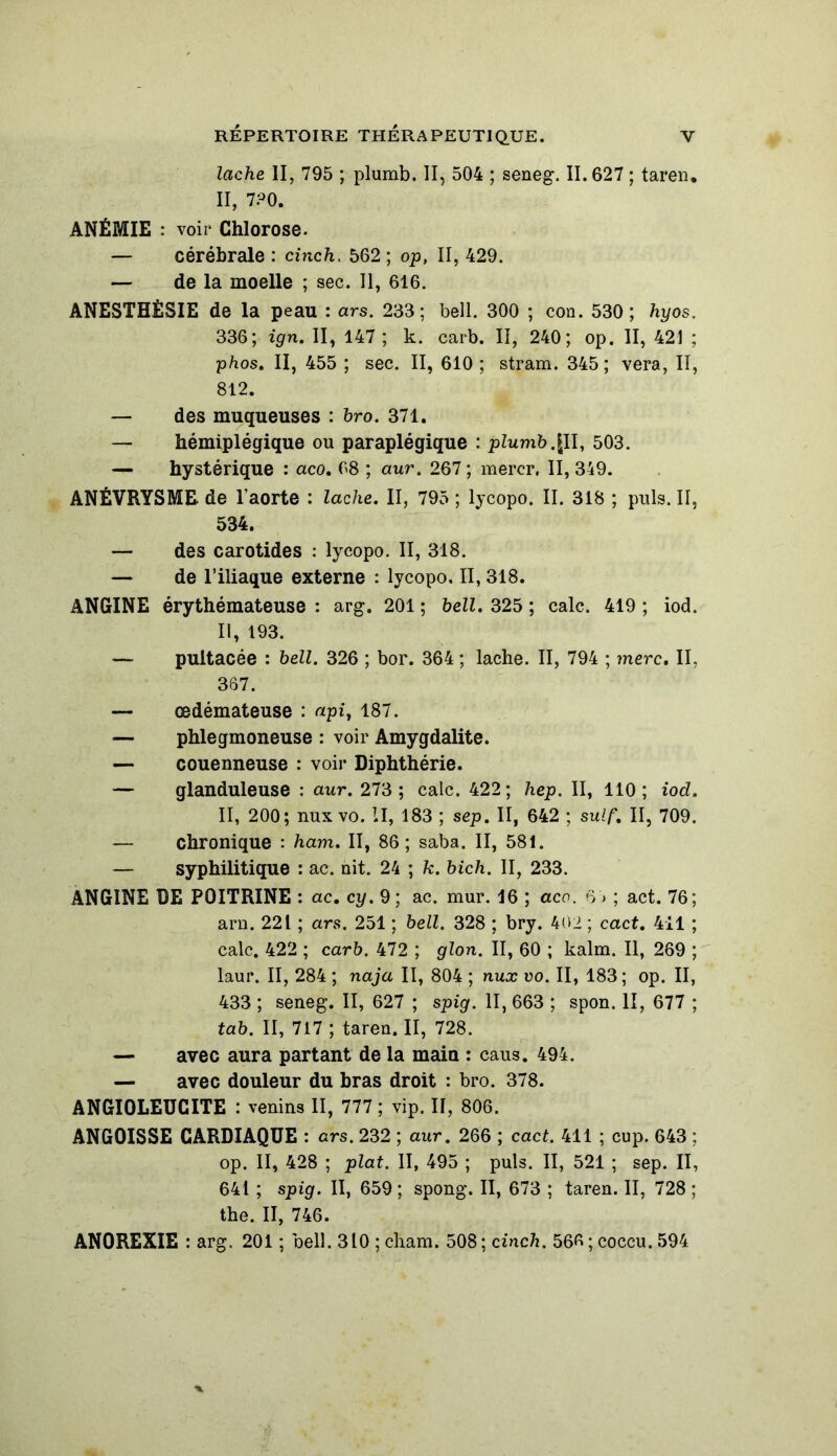 lâche II, 795 ; plumb. II, 504 ; seneg. 11.627 ; taren. II, 7?0. ANÉMIE : voir Chlorose. — cérébrale : cinch. 562 ; op, II, 429. — de la moelle ; sec. Il, 616. ANESTHÉSIE de la peau : ars. 233; bell. 300 ; con. 530; hyos. 336; ign. II, 147 ; k. carb. II, 240; op. II, 421 ; phos. II, 455 ; sec. II, 610 ; stram. 345 ; vera, II, 812. — des muqueuses : hro. 371. — hémiplégique ou paraplégique : pZumb.jlI, 503. — hystérique : aco. 68 ; aur. 267 ; mercr, II, 349. ANÉVRYSME de l’aorte : lâche. II, 795 ; lycopo. II. 318 ; puis. Il, 534. — des carotides : lycopo. II, 318. — de l’iliaque externe : lycopo. II, 318. ANGINE érythémateuse : arg. 201 ; bell. 325 ; cale. 419 ; iod. II, 193. — pultacée : bell. 326 ; bor. 364 ; lâche. II, 794 ; merc. II, 367. — œdémateuse : «pi, 187. — phlegmoneuse : voir Amygdalite. — couenneuse : voir Diphthérie. — glanduleuse : aur. 273 ; cale. 422; hep. II, 110; iod. II, 200; nuxvo. Il, 183 ; sep. II, 642 ; suif. II, 709. — chronique : ham. II, 86; saba. II, 581. — syphilitique : ac. nit. 24 ; k. bich. II, 233. ANGINE DE POITRINE : ac. cy. 9; ac. mur. 16 ; aco. 6 > ; act. 76; arn. 221 ; ars. 251 ; bell. 328 ; bry. 402 ; cact. 411 ; cale. 422 ; carb. 472 ; glon. II, 60 ; kalm. Il, 269 ; laur. II, 284 ; naja II, 804 ; nux vo. II, 183; op. II, 433 ; seneg. II, 627 ; spig. II, 663 ; spon. II, 677 ; tab. II, 717 ; taren. II, 728. — avec aura partant de la main : caus. 494. — avec douleur du bras droit : bro. 378. ANGIOLEUCITE : venins II, 777; vip. II, 806. ANGOISSE CARDIAQUE : ars. 232 ; aur. 266 ; cact. 411 ; cup. 643 ; op. II, 428 ; plat. II, 495 ; puis. II, 521 ; sep. II, 641 ; spig. II, 659 ; spong. II, 673 ; taren. II, 728 ; the. II, 746. ANOREXIE : arg. 201 ; bell. 310 ; cham. 508 ; cinch. 566 ; coccu. 594