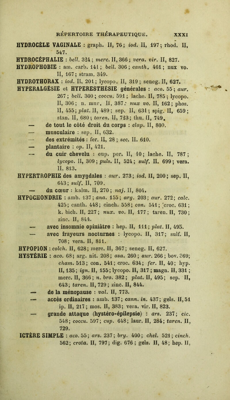 HYDROCÈLE VAGINALE : graph. II, 76 ; iod. II, 197 ; rhod. II, 547. HYDROCÉPHALIE : bell. 324; merc. 11,366; vera. vir. II, 827. HYDROPHOBIE : am. carb. 141; bell. 306; canth. 461; nux vo. II, 167; stram. 349. HYDROTHORAX : iod. II, 201; lycopo. II, 319; seneg. II, 627. HYPERALGÉSIE et HYPERESTHÉSIE générales : aco. 55 ; aur. 267 ; bell. 300 ; coccu. 591 lâche. II, 785 ; lycopo. II, 306; n. mur. Il, 387; nux vo. II, 162; phos. II, 455;pZaf. II, 489; sep. II, 631; spig. II, 659; stan. II, 680; taren. II, 723; thu. Il, 749. — de tout le côté droit du corps : elap. II, 800. — musculaire : sep. II, 632. — des extrémités : fer. II, 28 ; sec. II. 610. — plantaire : op. II, 421. — du cuir chevelu : eup. per. II, 10; lâche. II, 787 ; lycopo. II, 309 ; puis. II, 524; suif, II. 699; vera. II, 813. HYPERTROPHIE des amygdales : aur. 273; iod. II, 200; sep. II, 643; suif. II, 709. — du cœur : kalm. II, 270 ; naj. II, 804. HYP0CH0NDRIE : amb. 137; ana. 155; arg. 203; aur. 272; cale. 425; canth. 448; cinch. 558; con. 541; 'croc. 631; k. bich. II, 227 ; nux. vo. II, 177 ; taren. II, 730 ; zinc. II, 844. — avec insomnie opiniâtre : hep. II, 111; plat. II, 495. — avec frayeurs nocturnes : lycopo. II, 317; suif. II, 708; vera. II, 811. HYPQPION : colch. II, 628; merc. II, 367; seneg. II, 627. HYSTÉRIE : aco. 68; arg. nit. 208; asa. 260; aur. 266; bov. 369; cham. 513; con. 541; croc. 634; fer. II, 40; hyp. II, 135; ign. II, 155; lycopo. Il, 317 ; magn. II, 331 ; merc. II, 366; n. bro. 382; plat. II, 495; sep. II, 643; taren. II, 729; zinc. II, 844. — de la ménopause : val. II, 773. — accès ordinaires : amb. 137; cann. in. 437; gels. 11,51 ip. II, 217 ; mos. II, 383; vera. vir. II, 823. — grande attaque (hystéro-épilepsie) : ars. 237; cic. 548; coccu. 597; cup. 648; laur. II, 284; taren. II, 729. ICTÈRE SIMPLE : aco. 55; ars. 237; bry. 400; chel. 521; cinch. 562; crota. II, 797; dig. 676 ; gels. II, 48; hep. II,