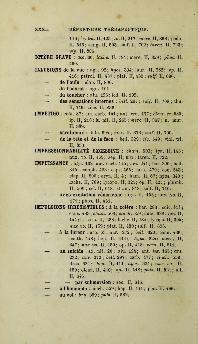 110 ; hydra. II, 125 ; ip. II, 217 ; merc. II, 368 ; podo. II, 516; sang. II, 593; suif. II, 702; taren. II, 723; vip. II, 806. ICTÈRE GRAVE : aco. 66; lâche. II, 794; merc. II, 359; phos. II, 460. ILLUSIONS de la vue : aga. 92; hyos. 334; laur. II, 282; op. II, 418; petrol. II, 437 ; plat. Il, 489; suif. II, 696. — de l’ouïe : elap. II, 800. de l’odorat : agn. 101. — du toucher : alu. 126; iod. II, 192. — des sensations internes : bell. 297; suif. II, 708 ; thu. II, 749; zinc. II, 836. IMPETIGO : œth. 87; am. carb. 141; ant. cru. 177; clern. er. 585; ip. II, 218; k. nit. II, 265; merc. II, 367 ; n. mur. II, 389. — scrofuleux : dulc. 694 ; mez. II, 373; suif. II, 700. de la tête et de la face : bell. 329; cic. 549 ; viol. tri. II, 833. IMPRESSIONNABILITÉ EXCESSIVE : cham. 503; ign. 11,145; nux. vo. II, 159; sep. II, 631; taren. II, 722. IMPUISSANCE : agn. 102; am. carb. 145; ars. 241; bar. 290; bell. 315; camph. 433; caps. 465; carb. 479; con. 543; elap. II, 800 ; eryn. II, 4 ; liam. II, 87 ; hyos. 340 ; lâche. II, 789; lycopo. II, 321; op. II, 427; plumb. II, 506 ; sel. II, 618; stram. 348; suif. II, 710. — avec excitation vénérienne : ign. II, 153; nux. vo. II, 171 ; phos. II, 461. IMPULSIONS IRRESISTIBLES; à la colère : bar. 283; cale. 414; caus. 483; cham. 503; cinch. 559; dulc. 688; ign. II, 144;k. carb. II, 238; lâche. II, 784; lycopo. II, 304; nux vo. II, 159; plat. II, 489; suif. II, 696. — à la fureur: aco. 53; aur. 272; bell. 320; cann. 436; canth. 448; hep. II, 111; hyos. 324; merc. II, 347; nux vo. II, 159; op, II, 418; vera. II, 811. — au suicide : ac. nit. 20; alu. 124; ant. tar. 165; ars. 232; aur. 272; bell. 297 ; carb. 477; cinch. 559; dros. 681; hep. II, 111; hyosa 334; nux vo. II, 159; olean. II, 410; op, II, 418; puis. II, 521; sil. II, 645. — — par submersion : sec. II, 616. — à l’homicide : cinch. 559; hep. II, 111 ; plat. II, 496. — au vol : bry. 399; puis. II, 532.