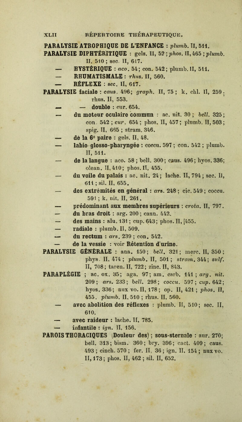 PARALYSIE ATROPHIQUE DE L’ENFANCE : plumb. II, 511. PARALYSIE DIPHTÉRÏTIQUE : gels. II, 52 ; phos. II, 465 ; plumb. II, 510 ; sec. II, 617. — HYSTÉRIQUE : aco. 54; con. 542; plumb. II, 511, — RHUMATISMALE : rhus. II, 560. — RÉFLEXE : sec. Il, 617. PARALYSIE faciale : caus. 496; graph. II, 75; k. chl. Il, 259. rhus. II, 553. — — double : eur. 654. — du moteur oculaire commun : ac. nit. 30 ; bell. 325; con. 542 ; cur. 654; phos. II, 457; plumb. 11,503; spig. II, 665 ; stram. 346. — dè la 6° paire : gels. II, 48. — labio glosso-pharyngée : coccu. 597 ; con. 542 ; plumb. II, 511. — de la langue : aco. 58 ; bell. 300; caus. 496; hyos. 336; olean. 11,410; phos. Il, 455. — du voile du palais : ac. nit. 24; lâche. II, 794 ; sec. U, 611 ; sil. II, 655. — des extrémités en général : ars. 248 ; cic. 549 ; coccu. 591 ; k. nit. II, 261. — prédominant aux membres supérieurs : crota. II, 797. — du bras droit : arg. 200 ; cann. 442. — des mains : alu. 131 ; cup. 643; phos. II, [455. — radiale : plumb. II, 509. — du rectum : ars. 239 ; con. 542. — de la vessie : voir Rétention d'urine. PARALYSIE GÉNÉRALE : ana. 150 ; bell. 321 ; merc. II, 350 ; phys. II, 474; plumb. II, 501; stram. 344; suif. II, 708; taren. II, 722; zinc. II, 843. PARAPLÉGIE ; ac. ox. 35; aga. 97; am. carb. 141 ; arg. nit. 209; ars. 233; bell. 298; coccu. 597; cup. 642; hyos. 336; nux vo. II, 178; op. II, 421 ; phos. II, 455. plumb. II, 510 ; rhus. II, 560. — avec abolition des réflexes : plumb. II, 510 ; sec. II, 610. — avec raideur : lâche. Il, 785. — infantile : ign. II, 156. PAROIS THORACIQUES ^Douleur des) ; sous-sternule : aur. 270; bell. 313; bism. 360; bry. 396; cact. 409; caus. 493 ; cinch. 570 ; fer. II, 36; ign. II, 154 ; nuxvo. II, 173; phos. II, 462 ; sil. II, 652.