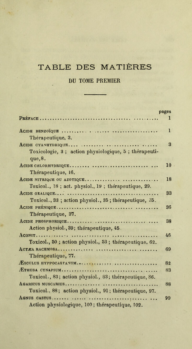 TABLE DES MATIÈRES DU TOME PREMIER pages Préface 1 Acide benzoïque . 1 Thérapeutique, 3. Acide cyanhydrique 3 Toxicologie, 3 ; action physiologique, 5 ; thérapeuti- que, 8. Acide chlorhydrique 10 Thérapeutique, 16. Acide nitrique ou azotique 18 Toxicol., 18 ; act. physiol., 19 ; thérapeutique, 29. Acide oxalique.. .. 33 Toxicol., 33 ; action physiol., 35 ; thérapeutique, 35. Acide phenique. 36 Thérapeutique, 37. Acide phosphorique 38 Action physiol., 39; thérapeutique, 45 Aconit 46 Toxicol., 50 ; action physiol., 53 ; thérapeutique, 62. Actæa racemosa 69 Thérapeutique, 77. Æsculus hyppocastanum 82 Æthusa cynapium 83 Toxicol., 83; action physiol., 83; thérapeutique, 86. Agaricus muscarius 88 Toxicol., 88; action physiol., 91; thérapeutique, 97. Agnus castus 99 Action physiologique, 100; thérapeutique, 102.
