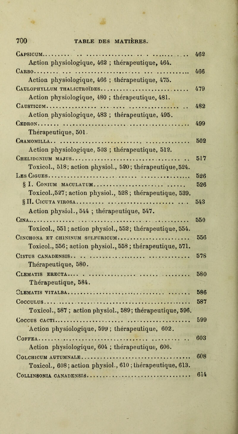 Gapsicum ... ... 462 Action physiologique, 462 ; thérapeutique, 464. Carbo 466 Action physiologique, 466 ; thérapeutique, 475. Gaulophyllum thalictroïdes 479 Action physiologique, 480 ; thérapeutique, 481. Causticdm 482 Action physiologique, 483 ; thérapeutique, 495. Cedron 499 Thérapeutique, 501. Chamomilla 502 Action physiologique, 503 ; thérapeutique, 512. Cheltdcnium majus 517 Toxicol., 518; action physiol., 520; thérapeutique,524. Les Gigues 526 § I. GonIUM MACULATUM 526 Toxicol.,527; action physiol., 528 ; thérapeutique, 539. § II. Cicuta virosa .. 543 Action physiol., 544 ; thérapeutique, 547. Cina 550 Toxicol., 551; action physiol., 552; thérapeutique, 554. ClNCHONA ET CH1NINUM SULFURICUM 556 Toxicol., 556; action physiol., 558 ; thérapeutique, 571. ClSTUS CANADENSIS 578 Thérapeutique, 580. Clematis erecta 580 Thérapeutique, 584. Clematis vitalba 586 Cocculus 587 Toxicol., 587 ; action physiol., 589; thérapeutique, 596. Goccus cacti 599 Action physiologique, 599 ; thérapeutique, 602. COFFEA . 603 Action physiologique, 604 ; thérapeutique, 606. COLCHICUM AUTUMNALE 608 Toxicol., 608 ; action physiol., 610 ; thérapeutique, 613. COLLINSONIA CANADENSIS 614
