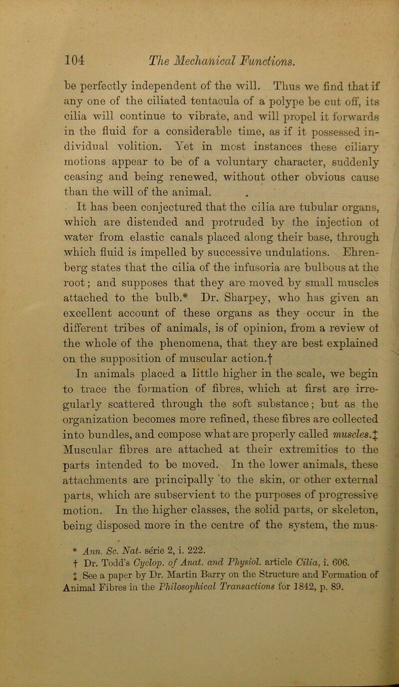 be perfectly independent of the will. Thus we find that if any one of the ciliated tentacula of a polype be cut off, its cilia will continue to vibrate, and will propel it forwards in the fluid for a considerable time, as if it possessed in- dividual volition. Yet in most instances these ciliary motions appear to be of a voluntary character, suddenly ceasing and being renewed, without other obvious cause than the will of the animal. It has been conjectured that the cilia are tubular organs, which are distended and protruded by the injection ot water from elastic canals placed along their base, through which fluid is impelled by successive undulations. Ehren- berg states that the cilia of the infusoria are bulbous at the root; and supposes that they are moved by small muscles attached to the bulb.* Dr. Sharpey, who has given an excellent account of these organs as they occur in the different tribes of animals, is of opinion, from a review of the whole of the phenomena, that they are best explained on the supposition of muscular action.f In animals placed a little higher in the scale, we begin to trace the formation of fibres, which at first are irre- gularly scattered through the soft substance; but as the organization becomes more refined, these fibres are collected into bundles, and compose what are properly called muscles.% Muscular fibres are attached at their extremities to the parts intended to be moved. In the lower animals, these attachments are principally to the skin, or other external parts, which are subservient to the purposes of progressive motion. In the higher classes, the solid parts, or skeleton, being disposed more in the centre of the system, the mus- * Ann. Sc. Nat. serie 2, i. 222. f Dr. Todd’s Cyclop, of Anat. and Physiol, article Cilia, i. 606. + See a paper by Dr. Martin Barry on the Structure and Formation of Animal Fibres in the Philosophical Transactions for 1842, p. 89.