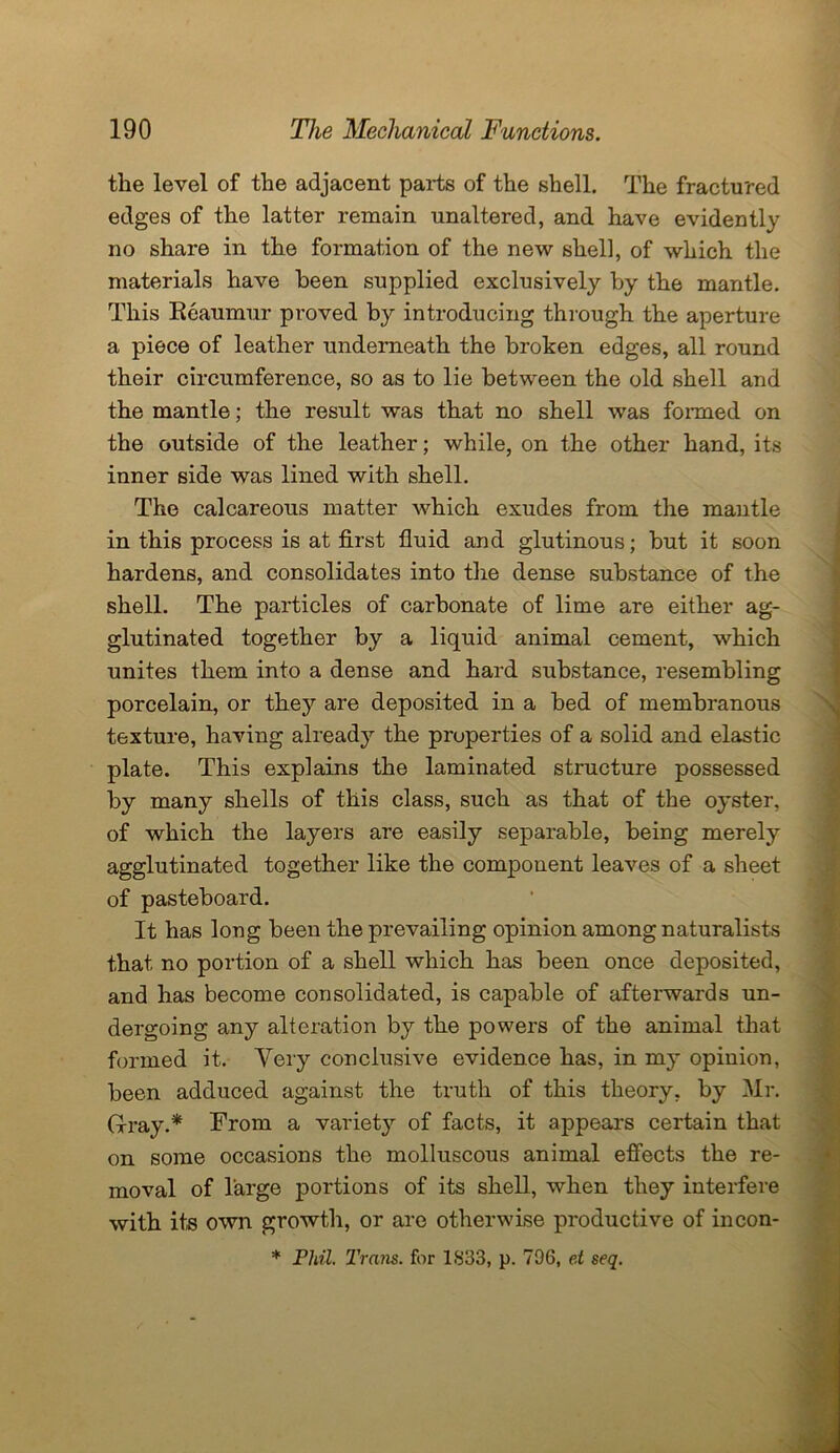 the level of the adjacent parts of the shell. The fractured edges of the latter remain unaltered, and have evidently no share in the formation of the new shell, of which the materials have been supplied exclusively by the mantle. This Reaumur proved by introducing through the aperture a piece of leather underneath the broken edges, all round their circumference, so as to lie between the old shell and the mantle; the result was that no shell was formed on the outside of the leather; while, on the other hand, its inner side was lined with shell. The calcareous matter which exudes from the mantle in this process is at first fluid and glutinous; but it soon hardens, and consolidates into the dense substance of the shell. The particles of carbonate of lime are either ag- glutinated together by a liquid animal cement, which unites them into a dense and hard substance, resembling porcelain, or they are deposited in a bed of membranous texture, having already the properties of a solid and elastic plate. This explains the laminated structure possessed by many shells of this class, such as that of the oyster, of which the layers are easily separable, being merely agglutinated together like the component leaves of a sheet of pasteboard. It has long been the prevailing opinion among naturalists that no portion of a shell which has been once deposited, and has become consolidated, is capable of afterwards un- dergoing any alteration by the powers of the animal that formed it. Very conclusive evidence has, in my opinion, been adduced against the truth of this theory, by Mr. Gray.* From a variety of facts, it appears certain that on some occasions the molluscous animal effects the re- moval of large portions of its shell, when they interfere with its own growth, or are otherwise productive of incon- * Phil. 1'rans. for 1833, p. 796, et seq.