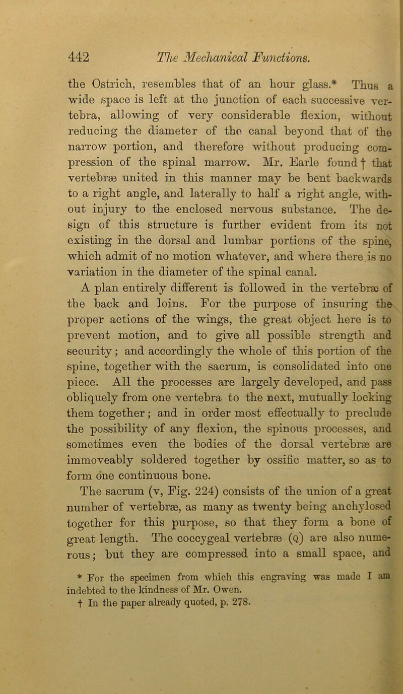 the Ostrich, resembles that of an hour glass.* Thus a wide space is left at the junction of each successive ver- tebra, allowing of very considerable flexion, without reducing the diameter of the canal beyond that of the narrow portion, and therefore without producing com- pression of the spinal marrow. Mr. Earle found f that vertebrae united in this manner may be bent backwards to a right angle, and laterally to half a right angle, with- out injury to the enclosed nervous substance. The de- sign of this structure is further evident from its not existing in the dorsal and lumbar portions of the spine, which admit of no motion whatever, and where there, is no variation in the diameter of the spinal canal. A plan entirely different is followed in the vertebra of the back and loins. For the purpose of insuring the proper actions of the wings, the great object here is to prevent motion, and to give all possible strength and security; and accordingly the whole of this portion of the spine, together with the sacrum, is consolidated into one piece. All the processes are largely developed, and pass obliquely from one vertebra to the next, mutually locking them together; and in order most effectually to preclude the possibility of any flexion, the spinous processes, and sometimes even the bodies of the dorsal vertebrae are immoveably soldered together by ossific matter, so as to form one continuous bone. The sacrum (v, Fig. 224) consists of the union of a great number of vertebrae, as many as twenty being anchylosed together for this purpose, so that they form a bone of great length. The coccygeal vertebrae (q) are also nume- rous; but they are compressed into a small space, and * For the specimen from which this engraving was made I am indebted to the kindness of Mr. Owen. t In the paper already quoted, p. 278.