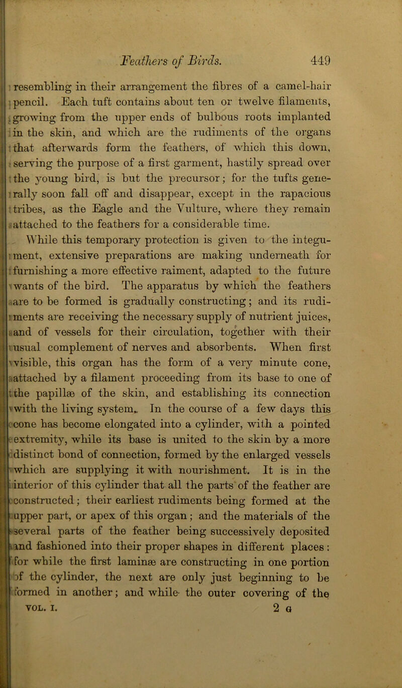 resembling in their arrangement the fibres of a camel-hair pencil. Each tuft contains about ten or twelve filaments, .growing from the upper ends of bulbous roots implanted in the skin, and which are the rudiments of the organs that afterwards form the feathers, of which this down, serving the purpose of a first garment, hastily spread over the young bird, is but the precursor; for the tufts gene- i rally soon fall off and disappear, except in the rapacious tribes, as the Eagle and the Vulture, where they remain attached to the feathers for a considerable time. While this temporary protection is given to the integu- ment, extensive preparations are making underneath for : furnishing a more effective raiment, adapted to the future ' wants of the bird. The apparatus by which the feathers are to be formed is gradually constructing; and its rudi- ! ments are receiving the necessary supply of nutrient juices, ; and of vessels for their circulation, together with their i usual complement of nerves and absorbents. When first \ visible, this organ has the form of a very minute cone, ; attached by a filament proceeding from its base to one of uhe papillae of the skin, and establishing its connection v with the living system,. In the course of a few days this cone has become elongated into a cylinder, with a pointed extremity, while its base is united to the skin by a more distinct bond of connection, formed by the enlarged vessels which are supplying it with nourishment. It is in the interior of this cylinder that all the parts of the feather are constructed; their earliest rudiments being formed at the upper part, or apex of this organ; and the materials of the several parts of the feather being successively deposited ind fashioned into their proper shapes in different places : for while the first laminas are constructing in one portion ff the cylinder, the next are only just beginning to be formed in another; and while- the outer covering of the VOL. i. o