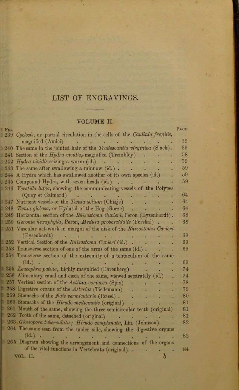 VOLUME II. Fig. 239 Cyclosis, or partial circulation in the cells of the Cciulinia fragilis, magnified (Amici) ........ 240 The same in the jointed hair of the Tradescantia virginica (Slack). 241 Section of the Hydra vividisr magnified (Trembley) 242 Hydra vividis seizing a worm (id.) ...... 243 The same after swallowing a minnow (id.) ..... 244 A Hydra which has swallowed another of its own species (id.) 245 Compound Hydra, with seven heads (id.) ..... 246 Veretilla lutea, showing the communicating vessels of the Polypes (Quoy et Gaimard) 247 Nutrient vessels of the Tania solium (Chiaje) .... 248 Tania globosa, or Hydatid of the Hog (Goeze) .... 249 Horizontal section of the Rhizostoma Cuvieri, Peron (Eysenhardt) . 250 Geronia hexaphylla, Peron, Medusa proboscidalis (Forskal) . 251 Vascular net-work in margin of the disk of the Rhizostoma Cuvieri (Eysenhardt) 252 Vertical Section of the Rhizostoma Cuvieri (id.) .... 253 Transverse section of one of the arms of the same (id.) . 254 Transverse section of the extremitv of a tentaculum of the same (id.) ‘ 255 Leueophra patula, highly magnified (Ehrenberg) 256 Alimentary canal and casca of the same, viewed separately (id.) 257 Vertical section of the Actinia coriacea (Spix) .... 258 Digestive organs of the Asterias (Tiedemann) .... 259 Stomachs of the No.is vermicularis (Rossel) . 260 Stomachs of the Hirvdo medicinalis (original) . 261 Mouth of the same, showing the three semicircular teeth (original) 262 Tooth of the same, detached (original) ..... 263 Glossopora tuherculata] Ilirudo complanata, Lin. (Johnson) 264 The same seen from the under side, showing the digestive organs (id.) 265 Diagram showing the arrangement and connections of the organs of the vital functions in Vertebrata (original) . VOL. II. b Page 39 39 58 59 59 59 59 64 64 64 68 68 68 69 69 69 74 74 78 79 80 81 81 81 82 82 84