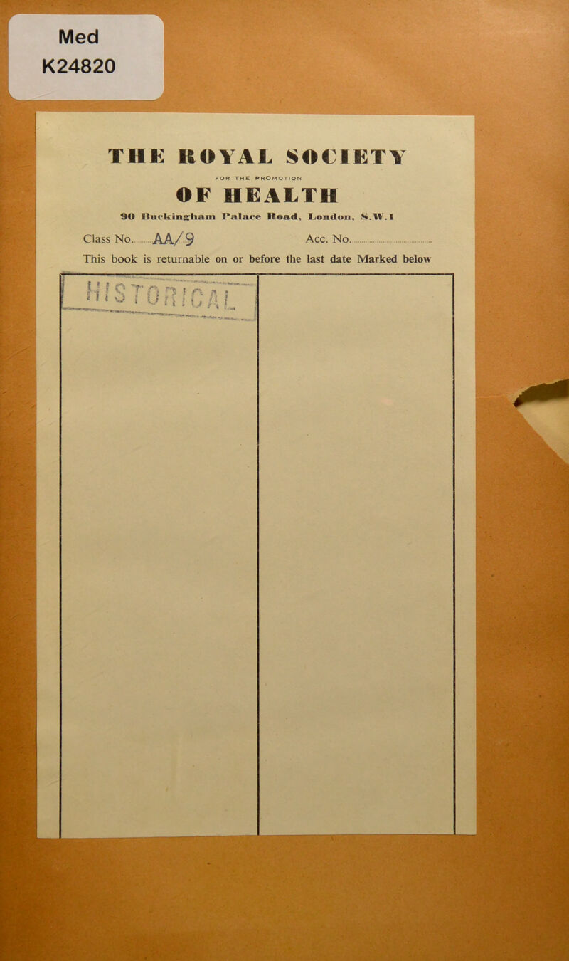 THE KOVAL SOCIETY FOR THE PROMOTION OF HEALTH 90 ttuckingiiiim Palace Hoad, London, S.W.I Class No AA/ 9 Acc. No This book is returnable on or before the last date Marked below