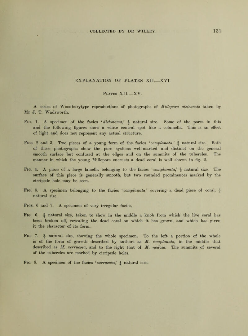 EXPLANATION OF PLATES XII.—XVI. Plates XII.—XV. A series of Woodburytype reproductions of photographs of Millepora alcicornis taken by Mr J. T. Wadsworth. Fig. 1. A specimen of the facies ‘ dichotoma,’ £ natural size. Some of the pores in this and the following figures show a white central spot like a columella. This is an effect of light and does not represent any actual structure. Figs. 2 and 3. Two pieces of a young form of the facies ‘complanata,’ f natural size. Both of these photographs show the pore systems well-marked and distinct on the general smooth surface but confused at the edges and on the summits of the tubercles. The manner in which the young Millepore encrusts a dead coral is well shown in fig. 2. Fig. 4. A piece of a large lamella belonging to the facies ‘complanata,’ \ natural size. The surface of this piece is generally smooth, but two rounded prominences marked by the cirripede hole may be seen. Fig. 5. A specimen belonging to the facies * complanata ’ covering a dead piece of coral, f natural size. Figs. 6 and 7. A specimen of very irregular facies. Fig. 6. f natural size, taken to show in the middle a knob from which the live coral has been broken off, revealing the dead coral on which it has grown, and which has given it the character of its form. Fig. 7. § natural size, showing the whole specimen. To the left a portion of the whole is of the form of growth described by authors as M. complanata, in the middle that described as M. verrucosa, and to the right that of M. nodosa. The summits of several of the tubercles are marked by cirripede holes. Fig. 8. A specimen of the facies ‘ verrucosa,’ J natural size.