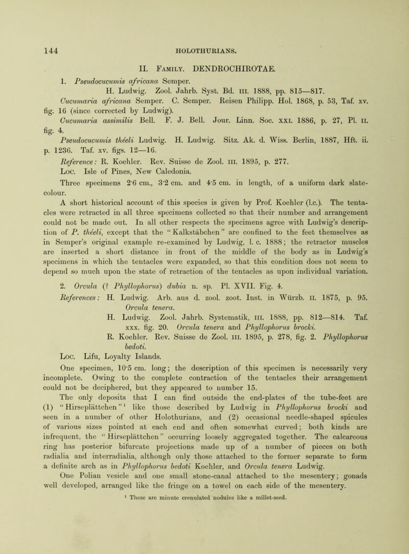 II. Family. DENDROCHIROTAE. 1. Pseudocucumis africana Semper. H. Ludwig. Zool. Jahrb. Syst. Bd. ill. 1888, pp. 815—817. Gucumaria africana Semper. C. Semper. Reisen Philipp. Hoi. 1868, p. 53, Taf. xv. fig. 16 (since corrected by Ludwig). Gucumaria assimilis Bell. F. J. Bell. Jour. Linn. Soc. xxi. 1886, p. 27, PI. n. % 4- Pseudocucumis thieli Ludwig. H. Ludwig. Sitz. Ak. d. Wiss. Berlin, 1887, Hft. ii. p. 1236. Taf. xv. figs. 12—16. Reference: R. Koehler. Rev. Suisse de Zool. ill. 1895, p. 277. Loc. Isle of Pines, New Caledonia. Three specimens 2-6 cm., 3-2 cm. and 4'5 cm. in length, of a uniform dark slate- colour. A short historical account of this species is given by Prof. Koehler (l.c.). The tenta- cles were retracted in all three specimens collected so that their number and arrangement could not be made out. In all other respects the specimens agree with Ludwig’s descrip- tion of P. theeli, except that the “ Kalkstabchen ” are confined to the feet themselves as in Semper’s original example re-examined by Ludwig, 1. c. 1888; the retractor muscles are inserted a short distance in front of the middle of the body as in Ludwig’s specimens in which the tentacles were expanded, so that this condition does not seem to depend so much upon the state of retraction of the tentacles as upon individual variation. 2. Orcula (? Phyllophorus) dubia n. sp. PI. XVII. Fig. 4. References: H. Ludwig. Arb. aus d. zool. zoot. Inst, in Wiirzb. II. 1875, p. 95. Orcida tenera. H. Ludwig. Zool. Jahrb. Systematik, in. 1888, pp. 812—814. Taf. xxx. fig. 20. Orcula tenera and Phyllophorus broc/ci. R. Koehler. Rev. Suisse de Zool. ill. 1895, p. 278, fig. 2. Phyllophorus bedoti. Loc. Lifu, Loyalty Islands. One specimen, 10’5 cm. long; the description of this specimen is necessarily very incomplete. Owing to the complete contraction of the tentacles their arrangement could not be deciphered, but they appeared to number 15. The only deposits that I can find outside the end-plates of the tube-feet are (1) “ Hirseplattchen ”1 like those described by Ludwig in Phyllophorus brocki and seen in a number of other Holothurians, and (2) occasional needle-shaped spicules of various sizes pointed at each end and often somewhat curved; both kinds are infrequent, the “ Hirseplattchen ” occurring loosely aggregated together. The calcareous ring has posterior bifurcate projections made up of a number of pieces on both radialia and interradialia, although only those attached to the former separate to form a definite arch as in Phyllophorus bedoti Koehler, and Orcula tenera Ludwig. One Polian vesicle and one small stone-canal attached to the mesentery; gonads well developed, arranged like the fringe on a towel on each side of the mesentery. 1 These are minute crenulated nodules like a millet-seed.