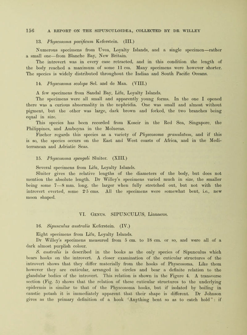 13. Physcosoma pacificum Keferstein. (III.) Numerous specimens from Uvea, Loyalty Islands, and a single specimen—rather a small one—from Blanche Bay, New Britain. The introvert was in every case retracted, and in this condition the length of the body reached a maximum of some 11 cm. Many specimens were however shorter. The species is widely distributed throughout the Indian and South Pacific Oceans. 11. Physcosoma scolops Sel. and de Man. (VIII.) A few specimens from Sandal Bay, Lifu, Loyalty Islands. The specimens were all small and apparently young forms. In the one I opened there was a curious abnormality in the nephridia. One was small and almost without pigment, but the other was large, dark brown and forked, the two branches being equal in size. This species has been recorded from Koseir in the Red Sea, Singapore, the Philippines, and Amboyna in the Moluccas. Fischer regards this species as a variety of Physcosoma granulatum, and if this is so, the species occurs on the East and West coasts of Africa, and in the Medi- terranean and Adriatic Seas. 15. Physcosoma spengeli Sluiter. (XIII.) Several specimens from Lifu, Loyalty Islands. Sluiter gives the relative lengths of the diameters of the body, but does not mention the absolute length. Dr Willey’s specimens varied much in size, the smaller being some 7—8 mm. long, the larger when fully stretched out, but not with the introvert everted, some 2'5 cms. All the specimens were somewhat bent, i.e., new moon shaped. VI. Genus. SIPUNCULUS, Linnaeus. 16. Sipunculus australis Keferstein. (IV.) Eight specimens from Lifu, Loyalty Islands. Dr Willey’s specimens measured from 5 cm. to 18 cm. or so, and were all of a dark almost purplish colour. S. australis is described in the books as the only species of Sipunculus which bears hooks on the introvert. A closer examination of the cuticular structures of the introvert shows that they differ materially from the hooks of Physcosoma. Like them however they are cuticular, arranged in circles and bear a definite relation to the glandular bodies of the introvert. This relation is shown in the Figure 4. A transverse section (Fig. 5) shows that the relation of these cuticular structures to the underlying epidermis is similar to that of the Physcosoma hooks, but if isolated by boiling in caustic potash it is immediately apparent that their shape is different. Dr Johnson gives as the primary definition of a hook ‘Anything bent so as to catch hold ”: if