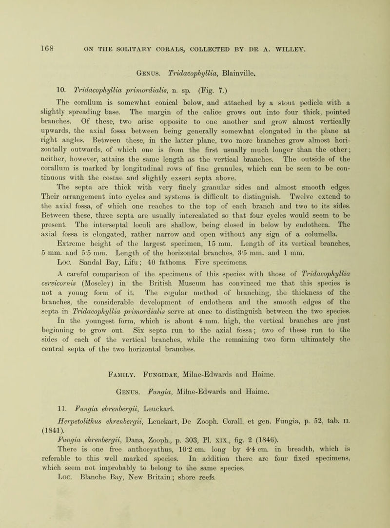 Genus. Tridacophyllia, Blainville. 10. Tridacophyllia primordialis, n. sp. (Fig. 7.) The corallum is somewhat conical below, and attached by a stout pedicle with a slightly spreading base. The margin of the calice grows out into four thick, pointed branches. Of these, two arise opposite to one another and grow almost vertically upwards, the axial fossa between being generally somewhat elongated in the plane at right angles. Between these, in the latter plane, two more branches grow almost hori- zontally outwards, of which one is from the first usually much longer than the other; neither, however, attains the same length as the vertical branches. The outside of the corallum is marked by longitudinal rows of fine granules, which can be seen to be con- tinuous with the costae and slightly exsert septa above. The septa are thick with very finely granular sides and almost smooth edges. Their arrangement into cycles and systems is difficult to distinguish. Twelve extend to the axial fossa, of which one reaches to the top of each branch and two to its sides. Between these, three septa are usually intercalated so that four cycles would seem to be present. The interseptal loculi are shallow, being closed in below by endotheca. The axial fossa is elongated, rather narrow and open without any sign of a columella. Extreme height of the largest specimen, 15 mm. Length of its vertical branches, 5 mm. and 5'5 mm. Length of the horizontal branches, 3'5 mm. and 1 mm. Loc. Sandal Bay, Lifu; 40 fathoms. Five specimens. A careful comparison of the specimens of this species with those of Tridacophyllia cervicornis (Moseley) in the British Museum has convinced me that this species is not a young form of it. The regular method of branching, the thickness of the branches, the considerable development of endotheca and the smooth edges of the septa in Tridacophyllia primordialis serve at once to distinguish between the two species. In the youngest form, which is about 4 mm. high, the vertical branches are just beginning to grow out. Six septa run to the axial fossa; two of these run to the sides of each of the vertical branches, while the remaining two form ultimately the central septa of the two horizontal branches. Family. Fungidae, Milne-Edwards and Haime. Genus. Fungia, Milne-Edwards and Haime. 11. Fungia ehrenbergii, Leuckart. Herpetolithus ehrenbergii, Leuckart, De Zooph. Corall. et gen. Fungia, p. 52, tab. n. (1841). Fungia ehrenbergii, Dana, Zooph., p. 303, PI. xix., fig. 2 (1846). There is one free anthocyathus, 102 cm. long by 4’4 cm. in breadth, which is referable to this well marked species. In addition there are four fixed specimens, which seem not improbably to belong to the same species. Loc. Blanche Bay, New Britain; shore reefs.