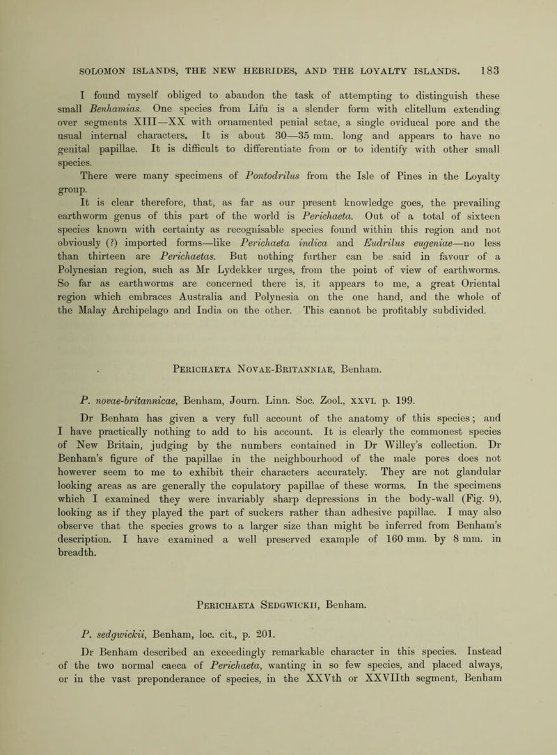 I found myself obliged to abandon the task of attempting to distinguish these small Benhamias. One species from Lifu is a slender form with clitellum extending over segments XIII—XX with ornamented penial setae, a single oviducal pore and the usual internal characters. It is about 30—35 mm. long and appears to have no genital papillae. It is difficult to differentiate from or to identify with other small species. There were many specimens of Pontodrilus from the Isle of Pines in the Loyalty group. It is clear therefore, that, as far as our present knowledge goes, the prevailing earthworm genus of this part of the world is Perichaeta. Out of a total of sixteen species known with certainty as recognisable species found within this region and not obviously (?) imported forms—like Perichaeta indica and Eudrilus eugeniae—no less than thirteen are Perichaetas. But nothing further can be said in favour of a Polynesian region, such as Mr Lydekker urges, from the point of view of earthworms. So far as earthworms are concerned there is, it appears to me, a great Oriental region which embraces Australia and Polynesia on the one hand, and the whole of the Malay Archipelago and India on the other. This cannot be profitably subdivided. Perichaeta Novae-Britanniae, Benham. P. novae-britannicae, Benham, Journ. Linn. Soc. Zool., xxvi. p. 199. Dr Benham has given a very full account of the anatomy of this species; and I have practically nothing to add to his account. It is clearly the commonest species of New Britain, judging by the numbers contained in Dr Willey’s collection. Dr Benham’s figure of the papillae in the neighbourhood of the male pores does not however seem to me to exhibit their characters accurately. They are not glandular looking areas as are generally the copulatory papillae of these worms. In the specimens which I examined they were invariably sharp depressions in the body-wall (Fig. 9), looking as if they played the part of suckers rather than adhesive papillae. I may also observe that the species grows to a larger size than might be inferred from Benham’s description. I have examined a well preserved example of 160 mm. by 8 mm. in breadth. Perichaeta Sedgwickii, Benham. P. sedgwickii, Benham, loc. cit., p. 201. Dr Benham described an exceedingly remarkable character in this species. Instead of the two normal caeca of Perichaeta, wanting in so few species, and placed always, or in the vast preponderance of species, in the XXYth or XXVIIth segment, Benham
