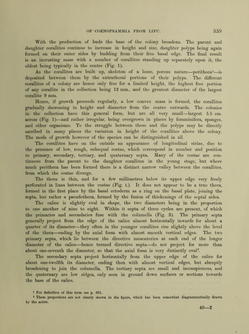 With the production of buds the base of the colony broadens. The parent and daughter corallites continue to increase in height and size, daughter polyps being again formed on their outer sides by budding from their free basal edge. The final result is an incrusting mass with a number of corallites standing up separately upon it, the oldest being typically in the centre (Fig. 1). As the corallites are built up, skeleton of a loose, porous nature—peritheca^—is deposited between them by the extrathecal portions of their polyps. The different corallites of a colony are hence only free for a limited height, the highest free portion of any corallite in the collection being 12 mm., and the greatest diameter of the largest corallite 9 mm. Hence, if growth proceeds regularly, a low convex mass is formed, the corallites gradually decreasing in height and diameter from the centre outwards. The colonies in the collection have this general form, but are all very small—largest 5.5 cm. across (Fig. 1)—and rather irregular, being overgrown in places by foraminifera, sponges, and other organisms. To the struggle between these and the polyps may be directly ascribed in many places the variation in height of the corallites above the colony. The mode of growth however of the species can be distinguished in all. The corallites have on the outside an appearance of longitudinal striae, due to the presence of low, rough, subequal costae, which correspond in number and position to primary, secondary, tertiary, and quaternary septa. Many of the costae are con- tinuous from the parent to the daughter corallites in the young stage, but where much peritheca has been formed there is a distinct narrow valley between the corallites, from which the costae diverge. The theca is thin, and for a few millimetres below its upper edge very freely perforated in lines between the costae (Fig. i.). It does not appear to be a true theca, formed in the first place by the basal ectoderm as a ring on the basal plate, joining the septa, but rather a pseudotheca, formed by the fusion of thickenings of the septal sides. The calice is slightly oval in shape, the two diameters being in the proportion to one another of nine to eight. Within it septa of three cycles are present, of which the primaries and secondaries fuse with the columella (Fig. 3). The primary septa generally project from the edge of the calice almost horizontally inwards for about a quarter of its diameter—they often in the younger corallites rise slightly above the level of the theca—ending by the axial fossa with almost smooth vertical edges. The two primary septa, which lie between the directive mesenteries at each end of the longer diameter of the calice—hence termed directive septa—do not project for more than about one-seventh the diameter, so that the axial fossa is very distinctly ovaP. The secondary septa project horizontally from the upper edge of the calice for about one-twelfth its diameter, ending then with almost vertical edges, but abruptly broadening to join the columella. The tertiary septa are small and inconspicuous, and the quaternary are low ridges, only seen in ground down surfaces or sections towards the base of the calice. 1 For definition of this term see p. 361. ^ These proportions are not clearly shown in the figure, which has been somewhat diagrammatically drawn by the artist. 49—2
