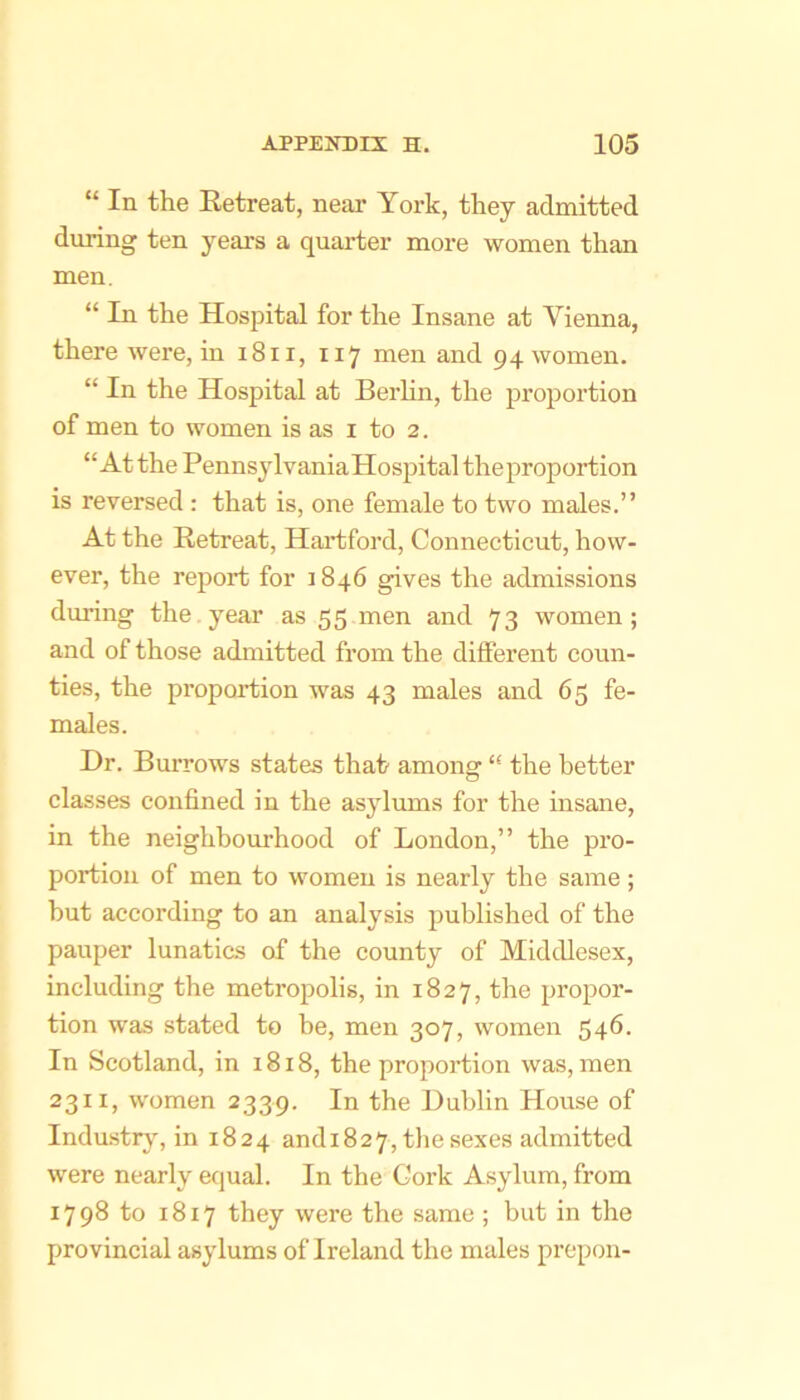 “ In the Eetreat, near York, they admitted during ten years a quarter more women than men. “ In the Hospital for the Insane at Vienna, there were, in i8ii, 117 men and 94 women. “ In the Hospital at Berhn, the pi’oportion of men to women is as i to 2. “At the PennsylvaniaHospital theproportion is reversed: that is, one female to two males.” At the Retreat, Haidford, Connecticut, how- ever, the report for 1846 gives the admissions during the. year as 55 men and 73 women; and of those admitted from the different coun- ties, the proportion was 43 males and 65 fe- males. Dr. Burrows states that among “ the better classes confined in the asylums for the insane, in the neighbourhood of London,” the pro- portion of men to women is nearly the same; hut according to an analysis published of the pauper lunatics of the county of Middlesex, including the metropolis, in 1827, the propor- tion was stated to be, men 307, women 546. In Scotland, in 1818, the proportion was, men 2311, women 2339. In the Dublin House of Industry', in 1824 andi827,tliesexes admitted were nearly equal. In the Cork Asylum, from 1798 to 1817 they were the same ; but in the provincial asylums of Ireland the males prcpon-