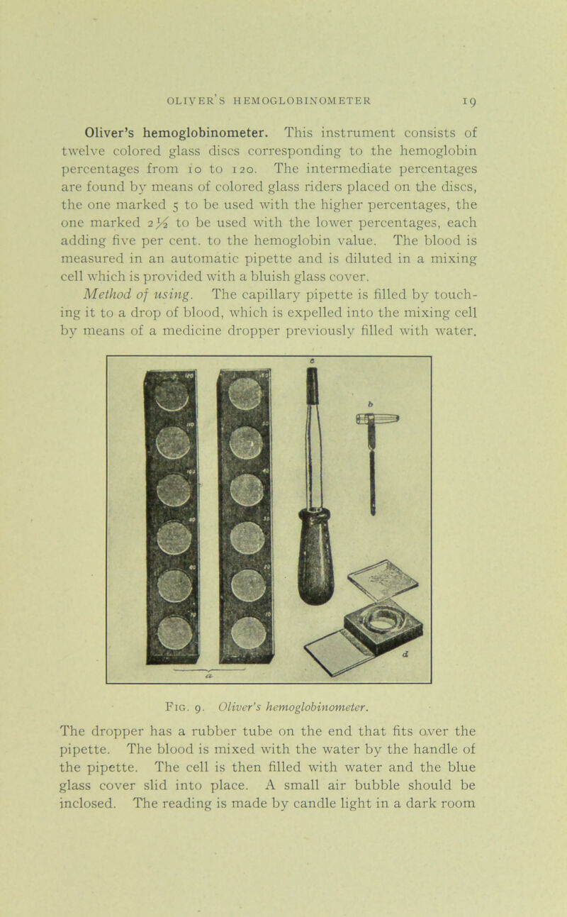 J9 Oliver’s hemoglobinometer. This instrument consists of twelve colored glass discs corresponding to the hemoglobin percentages from io to 120. The intermediate percentages are found by means of colored glass riders placed on the discs, the one marked 5 to be used with the higher percentages, the one marked 2% to be used with the lower percentages, each adding five per cent, to the hemoglobin value. The blood is measured in an automatic pipette and is diluted in a mixing cell which is provided with a bluish glass cover. Method of using. The capillary pipette is filled by touch- ing it to a drop of blood, which is expelled into the mixing cell by means of a medicine dropper previously filled with Avater. Fig. 9. Oliver’s hemoglobinometer. The dropper has a rubber tube on the end that fits over the pipette. The blood is mixed with the water by the handle of the pipette. The cell is then filled with water and the blue glass cover slid into place. A small air bubble should be inclosed. The reading is made by candle light in a dark room