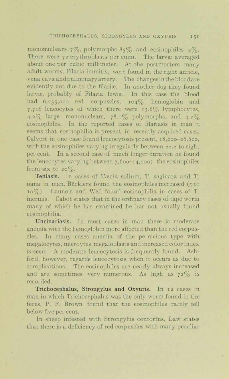 mononuclears 7%, polymorphs 85%, and eosinophiles 2%. There were 72 erythroblasts per cmm. The larvae averaged about one per cubic millimeter. At the postmortem many adult worms, Filaria immitis, were found in the right auricle, vena cava and pulmonary artery. The changes in the blood are evidently not due to the filariae. In another dog they found larvae, probably of Filaria lewisi. In this case the blood had 6,235,000 red corpuscles, 104% hemoglobin and 7,716 leucocytes of which there were 13.6% lymphocytes, 4.2% large mononuclears, 78.1% polymorphs, and 4.2% eosinophiles. In the reported cases of filariasis in man it seems that eosinophilia is present in recently acquired cases. Calvert in one case found leucocytosis present, 18,000-26,600, with the eosinophiles varying irregularly between 22.2 to eight per cent. In a second case of much longer duration he found the leucocytes varying between 7,600-14,000; the eosinophiles from six to 20%. Teniasis. In cases of Taenia solium, T. saginata and T. nana in man, Bucklers found the eosinophiles increased (5 to 10%). Launois and Weil found eosinophilia in cases of T. inermis. Cabot states that in the ordinary cases of tape worm many of which he has examined he has not usually found eosinophilia. Uncinariasis. In most cases in man there is moderate anemia with the hemoglobin more affected than the red corpus- cles. In many cases anemia of the pernicious type with megalocytes, microytes, megaloblasts and increased color index is seen. A moderate leucocytosis is frequently found. Ash- ford, however, regards leucocytosis when it occurs as due to complications. The eosinophiles are nearly always increased and are sometimes very numerous. As high as 72% is recorded. Trichocephalus, Strongylus and Oxyuris. In 12 cases in man in which Trichocephalus was the only worm found in the feces, P. F. Brown found that the eosinophiles rarely fell below five per cent. In sheep infested with Strongylus contortus, Law states that there is a deficiency of red corpuscles with many pectdiar