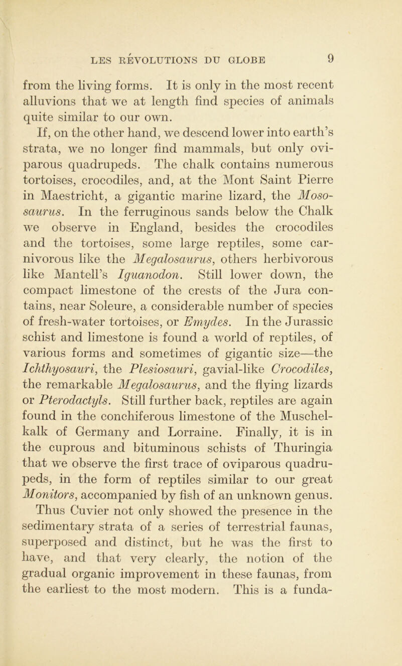 from tlie living forms. It is only in the most recent alluvions that we at length find species of animais quite similar to our own. If, on the other hand, we descend lower into earth’s strata, we no longer find mammals, but only ovi- parous quadrupeds. The chalk contains numerous tortoises, crocodiles, and, at the Mont Saint Pierre in Maestricht, a gigantic marine lizard, the Moso- saurus. In the ferruginous sands below the Chalk we observe in England, besides the crocodiles and the tortoises, some large reptiles, some car- nivorous like the Megalosaurus, others herbivorous like Mantell’s Iguanodon. Still lower down, the compact limestone of the crests of the Jura con- tains, near Soleure, a considérable number of species of fresh-water tortoises, or Emydes. In the Jurassic schist and limestone is found a world of reptiles, of various forms and sometimes of gigantic size—the Ichthyosauri, the Plesiosauri, gavial-like Crocodiles, the remarkable M egalosaurus, and the flying lizards or Pterodactyls. Still further back, reptiles are again found in the conchiferous limestone of the Muschel- kalk of Germany and Lorraine. Finally, it is in the cuprous and bituminous schists of Thuringia that we observe the fîrst trace of oviparous quadru- peds, in the form of reptiles similar to our great Monitors, accompanied by fisli of an unknown genus. Thus Cuvier not only showed the presence in the sedimentary strata of a sériés of terrestrial faunas, superposed and distinct, but lie was the fîrst to liave, and that very clearly, the notion of the graduai organic improvement in these faunas, from the earliest to the most modem. This is a funda-