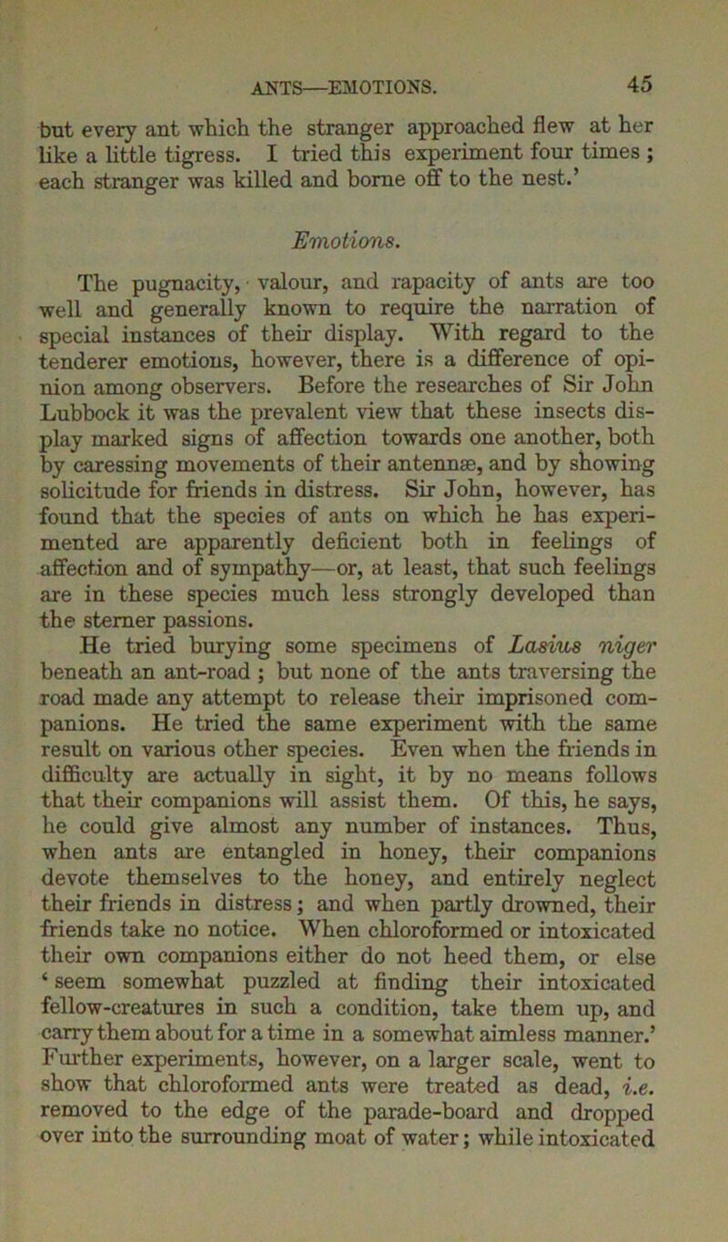 but every ant which the stranger approached flew at her like a little tigress. I tried this experiment four times ; each stranger was killed and borne off to the nest.’ Emotions. The pugnacity, valour, and rapacity of ants are too well and generally known to require the narration of special instances of their display. With regard to the tenderer emotions, however, there is a difference of opi- nion among observers. Before the researches of Sir John Lubbock it was the prevalent view that these insects dis- play marked signs of affection towards one another, both by caressing movements of their antennae, and by showing solicitude for friends in distress. Sir John, however, has found that the species of ants on which he has experi- mented are apparently deficient both in feelings of affection and of sympathy—or, at least, that such feelings are in these species much less strongly developed than the sterner passions. He tried burying some specimens of Lasius niger beneath an ant-road ; but none of the ants traversing the road made any attempt to release their imprisoned com- panions. He tried the same experiment with the same result on various other species. Even when the friends in difficulty are actually in sight, it by no means follows that their companions will assist them. Of this, he says, he could give almost any number of instances. Thus, when ants are entangled in honey, their companions devote themselves to the honey, and entirely neglect their friends in distress; and when partly drowned, their friends take no notice. When chloroformed or intoxicated their own companions either do not heed them, or else ‘ seem somewhat puzzled at finding their intoxicated fellow-creatures in such a condition, take them up, and carry them about for a time in a somewhat aimless manner.’ Further experiments, however, on a larger scale, went to show that chloroformed ants were treated as dead, i.e. removed to the edge of the parade-board and dropped over into the surrounding moat of water; while intoxicated