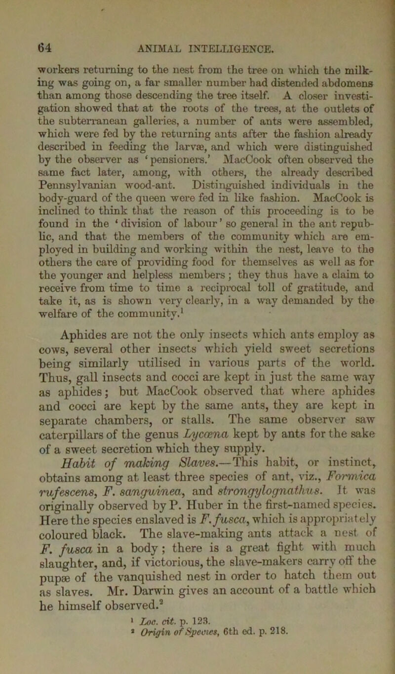 ■workers returning to the nest from the tree on which the milk- ing was going on, a far smaller number had distended abdomens than among those descending the tree itself. A closer investi- gation showed that at the roots of the trees, at the outlets of the subterranean galleries, a number of ants were assembled, which were fed by the returning ants after the fashion already described in feeding the larva?, and which were distinguished by the observer as ‘ pensioners.’ MacCook often observed the same fact later, among, with others, the already described Pennsylvanian wood-ant. Distinguished individuals in the body-guard of the queen were fed in like fashion. MacCook is inclined to think that the reason of this proceeding is to be found in the ‘ division of labour ’ so general in the ant repub- lic, and that the members of the community which are em- ployed in building and working within the nest, leave to the others the care of providing food for themselves as well as for the younger and helpless members ; they thus have a claim to receive from time to time a reciprocal toll of gratitude, and take it, as is shown very clearly, in a way demanded by the welfare of the community.1 Aphides are not the only insects which ants employ as cows, several other insects which yield sweet secretions being similarly utilised in various parts of the world. Thus, gall insects and cocci are kept in just the same way as aphides; but MacCook observed that where aphides and cocci are kept by the same ants, they are kept in separate chambers, or stalls. The same observer saw caterpillars of the genus Lyccena kept by ants for the sake of a sweet secretion which they supply. Habit of making Slaves.—This habit, or instinct, obtains among at least three species of ant, viz., Formica rufescens, F. sanguinea, and strongylognathus. It was originally observed by P. Huber in the first-named species. Here the species enslaved is F.fusca, which is appropriately coloured black. The slave-making ants attack a nest of F. fusca in a body ; there is a great fight with much slaughter, and, if victorious, the slave-makers carry off the pupae of the vanquished nest in order to hatch them out as slaves. Mr. Darwin gives an account of a battle which he himself observed.2 1 Loo. cit. p. 123. 1 Origin of Species, 6th ed. p. 218.