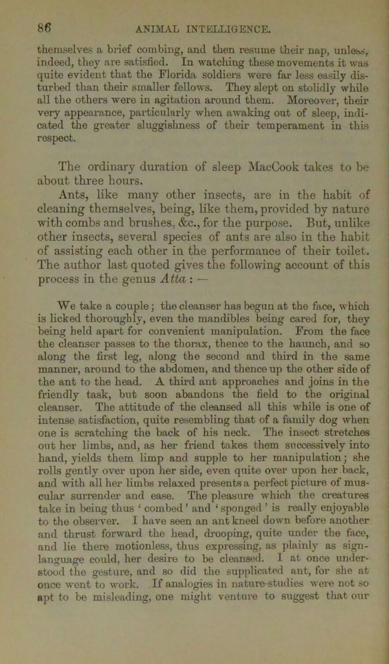 themselves a brief combing, and then resume their nap, unless, indeed, they are satisfied. In watching these movements it was quite evident that the Florida soldiers were far less easily dis- turbed than their smaller fellows. They slept on stolidly while all the others were in agitation around them. Moreover, their very appearance, particularly when awaking out of sleep, indi- cated the greater sluggishness of their temperament in this respect. The ordinary duration of sleep MacCook takes to be about three hours. Ants, like many other insects, are in the habit of cleaning themselves, being, like them, provided by nature with combs and brushes, &c., for the purpose. But, unlike other insects, several species of ants are also in the habit of assisting each other in the performance of their toilet. The author last quoted gives the following account of this process in the genus Atta : — We take a couple; the cleanser has begun at the face, which is licked thoroughly, even the mandibles being cared for, they being held apart for convenient manipulation. From the face the cleanser passes to the thorax, thence to the haunch, and so along the first leg, along the second and third in the same manner, around to the abdomen, and thence up the other side of the ant to the head. A third ant approaches and joins in the friendly task, but soon abandons the field to the original cleanser. The attitude of the cleansed all this while is one of intense satisfaction, quite resembling that of a family dog when one is scratching the back of his neck. The insect stretches out her limbs, and, as her friend takes them successively into hand, yields them limp and supple to her manipulation; she rolls gently over upon her side, even quite over upon her . back, and with all her limbs relaxed presents a perfect picture of mus- cular surrender and ease. The pleasure which the creatures hike in being thus ‘ combed ’ and ‘ sponged ’ is really enjoyable to the observer. I have seen an ant kneel down before another and thrust forward the head, drooping, quite under the face, and lie there motionless, thus expressing, as plainly as sign- language could, her desire to be cleansed. I at once under- stood the gesture, and so did the supplicated ant, for she at once went to work. If analogies in nature-studies were not so apt to be misleading, one might venture to suggest that our