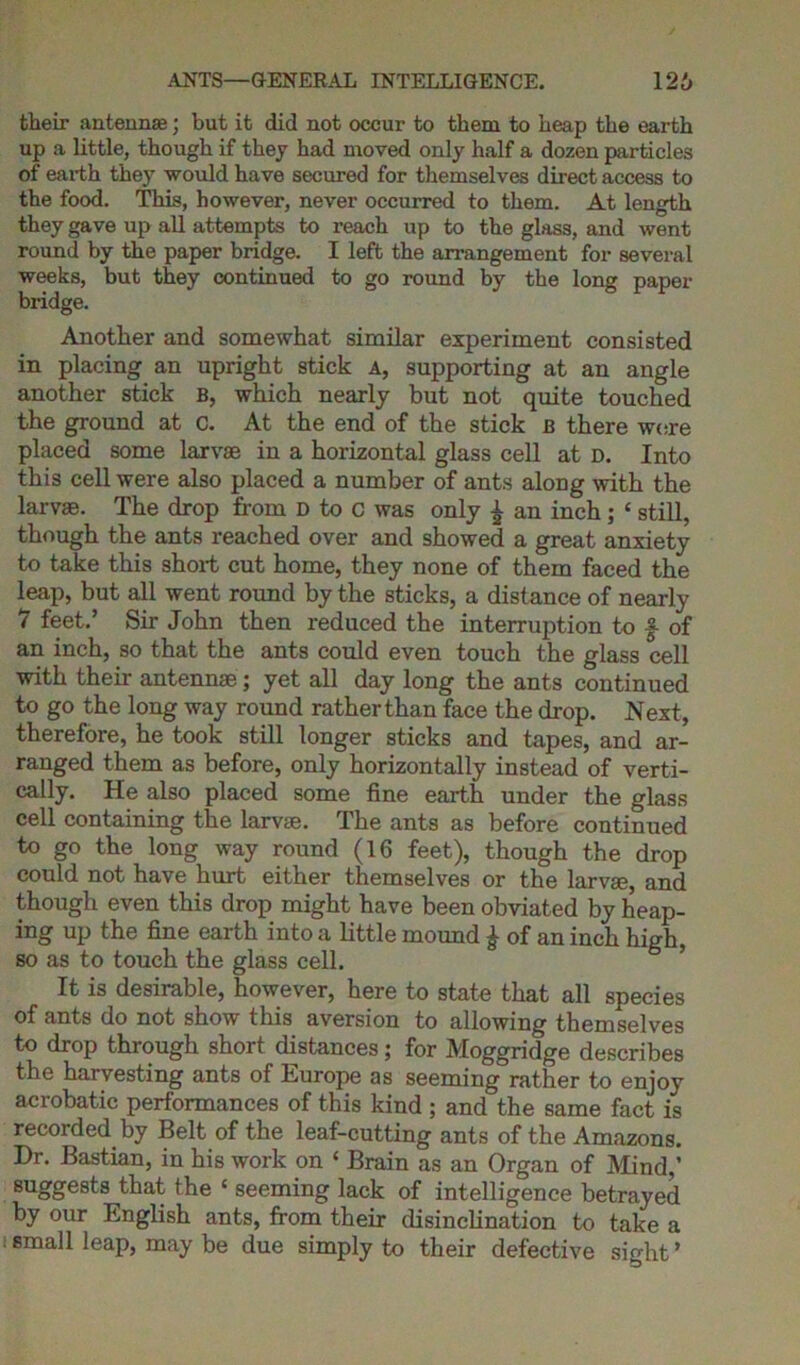 their antennas; but it did not occur to them to heap the earth up a little, though if they had moved only half a dozen particles of earth they would have secured for themselves direct access to the food. This, however, never occurred to them. At length they gave up all attempts to reach up to the glass, and went round by the paper bridge. I left the arrangement for several weeks, but they continued to go round by the long paper bridge. Another and somewhat similar experiment consisted in placing an upright stick a, supporting at an angle another stick b, which nearly but not quite touched the ground at c. At the end of the stick B there wore placed some larvae in a horizontal glass cell at D. Into this cell were also placed a number of ants along with the larvae. The drop from D to C was only £ an inch ; ‘ still, though the ants reached over and showed a great anxiety to take this short cut home, they none of them faced the leap, but all went round by the sticks, a distance of nearly 7 feet.’ Sir John then reduced the interruption to f of an inch, so that the ants could even touch the glass cell with their antennae; yet all day long the ants continued to go the long way round rather than face the drop. Next, therefore, he took still longer sticks and tapes, and ar- ranged them as before, only horizontally instead of verti- cally. He also placed some fine earth under the glass cell containing the larvae. The ants as before continued to go the long way round (16 feet), though the drop could not have hurt either themselves or the larvae, and though even this drop might have been obviated by heap- ing up the fine earth into a little mound £ of an inch high, so as to touch the glass cell. It is desirable, however, here to state that all species of ants do not show this aversion to allowing themselves to drop through short distances; for Moggridge describes the harvesting ants of Europe as seeming rather to enjoy acrobatic performances of this kind ; and the same fact is recorded by Belt of the leaf-cutting ants of the Amazons. Dr. Bastian, in his work on 1 Brain as an Organ of Mind,’ suggests that the c seeming lack of intelligence betrayed by our English ants, from their disinclination to take a
