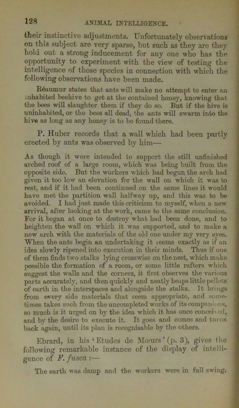 their instinctive adjustments. Unfortunately observations on this subject are very sparse, but such as they are they hold out a strong inducement for any one who has the opportunity to experiment with the view of testing the intelligence of those species in connection with which the following observations have been made. Reaumur states that ants will make no attempt to enter an inhabited beehive to get at the contained honey, knowing that the bees will slaughter them if they do so. But if the hive is uninhabited, or the bees all dead, the ants will swarm into the hive as long as any honey is to be found there. P. Huber records that a wall which had been partly erected by ants was observed by him— As though it were intended to support the still unfinished ai'ched roof of a large room, which was being built from the opposite side. But the workers which had begun the arch had given it too low an elevation for the wall on which it was to rest, and if it had been continued on the same lines it would have met the partition wall halfway up, and this was to be avoided. I had just made this criticism to myself, when a new arrival, after looking at the work, came to the same conclusion. For it began at once to destroy what had been done, and to heighten the wall on which it was supported, and to make a new arch with the materials of the old one under my very eyes. When the ants begin an undertaking it seems exactly as if an idea slowly ripened into execution in their minds. Thus if one of them finds two stalks lying crosswise on the nest, which make possible the formation of a room, or some little rafters which suggest the walls and the corners, it first observes the various parts accurately, and then quickly and neatly heaps little pellets of earth in the interspaces and alongside the stalks. It brings from every side materials that seem appropriate, and some- times takes such from the uncompleted works of its companions, so much is it urged on by the idea which it has once conceived, and by the desire to execute it. It goes and comes and turns back again, until its plan is recognisable by the others. Ebrard, in his ‘ Etudes de Moeurs ’ (p. 3), gives the following remarkable instance of the display of intelli- gence of F. fused :— The earth wras damp and the workers were in full swing.