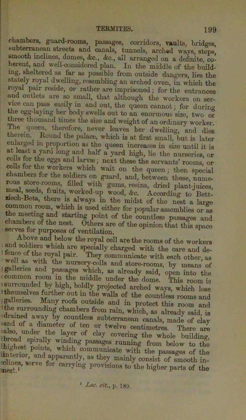 chambers, guard-rooms, passages, corridors, vaults, bridges, subterranean, streets and canals, tunnels, arched ways, steps smooth inclines, domes, (fee., <fec., all arranged on a definite, co- herent, and well-considered plan. In the middle of the build- ing, sheltered as far as possible from outside dangers, lies the stately royal dwelling, resembling an arched oven, in which the royal pair reside, or rather are imprisoned; for the entrances and outlets are so small, that although the workers on ser- vice can pass easily in and out, the queen cannot; for during the egg-laying her body swells out to an enormous size, two or three thousand times the size and weight of an ordinary worker lhe queen, therefore, never leaves her dwelling, and dies tneiein. Round the palace, which is at first small, but is later en larged m proportion as the queen increases in size until it is at le^t a yard long and half a yard high, lie the nurseries, or cells for the eggs and larvae; next these the servants’ rooms, or cells for the workers which wait on the queen ; then special chambers for the soldiers on guard, and, between these, nume- rous store-rooms, filled with gums, resins, dried plant-juices, meal, seeds, fiuits, worked-up wood, (fee. According to Bett- nech-Beta, there is always in the midst of the nest a large common room, which is used either for popular assemblies or as the meeting and starting point of the countless passages and chambers of the nest. Others are of the opinion that this space serves for purposes of ventilation. 1 Above and below the royal cell are the rooms of the workers and soldiers which are specially charged with the care and de- fence of the royal pair. They communicate with each other, as we 1 as with the nursery-cells and store-rooms, by means of • galleries and passages which, as already said, open into the common room m the middle under the dome. This room is surrounded by lugh, boldly projected arched ways, which lose themselves further out in the walls of the countless rooms and : galleries. Many roofs outside and in protect this room and the surrounding chambers from rain, which, as already said, is drained away by countless subterranean canals, made of clay and of a diameter of ten or twelve centimetres. There are hroadU1' it ayrr °f Cky CoverinS the whole building, : PaSSag6S running below to the rmghest points, which communicate with the passages of the “ they- “a“ly °°“SL,t °f hmO0th S- l fw caiTylng provisions to the higher parts of the 1 Loc. cit., p. 189.