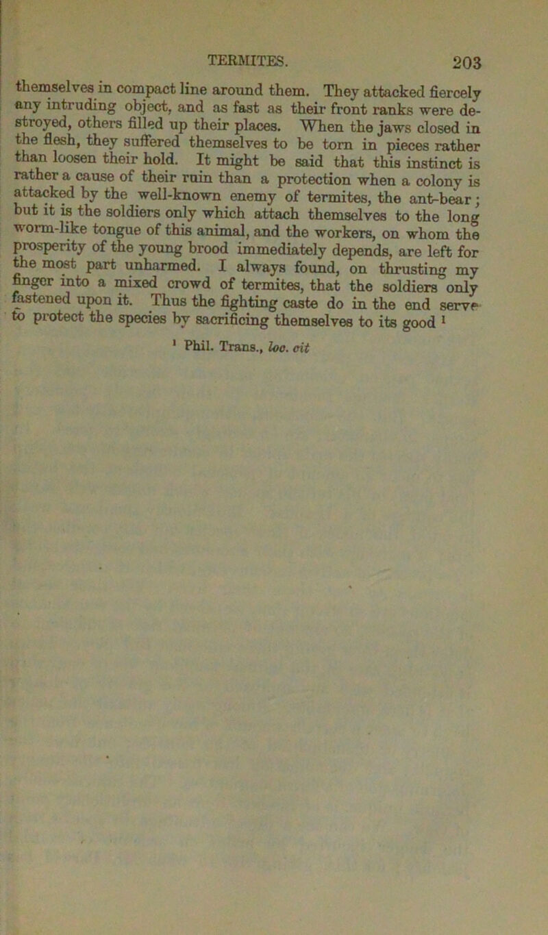 themselves in compact line around them. They attacked fiercely any intruding object, and as fast as their front ranks were de- stroyed, others filled up their places. When the jaws closed in the flesh, they suffered themselves to be tom in pieces rather than loosen their hold. It might be said that this instinct is rather a cause of their ruin than a protection when a colony is attacked by the well-known enemy of termites, the ant-bear; but it is the soldiers only which attach themselves to the long worm-like tongue of this animal, and the workers, on whom the prosperity of the young brood immediately depends, are left for the most part unharmed. I always found, on thrusting my finger into a mixed crowd of termites, that the soldiers only fastened upon it. Thus the fighting caste do in the end serve to protect the species by sacrificing themselves to its good 1 1 Phil. Trans., loo. cit