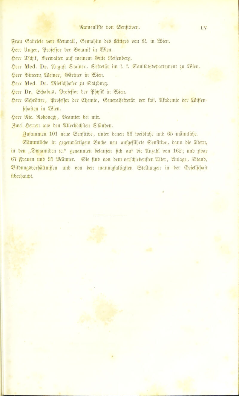 grau ©abricle weit 9leutoaü, ©etuabliu be§ 9ütterö wen 9?. in SBien. £>err Ungev, ißrofeffor ber SBotcmif in SBien. tperr 3Tfdnf, SSertwatter auf meinem ©nte 9lcifenberg. tperr Med. Dr. Sluguft «Stainer, ©efretär im f. f. ©anitätsbefiartement 511 SBien. £>err Sincenj SBeiner, ©ärtner in SBien. $>err Med. Dr. 9)iie(id)(>ofev 511 ©atjburg. §crv Dr. ©djabuS, tßrofeffor ber ipfnrfif in SBien. £>err ©dfrötter, ißrofeffor ber dtienüe, ©eneralfefretär ber faif. Stfabemie ber SBiffen fd;aften in SBien. •fterr 9iic. Siof^oncjt), 33eamter bei mir. 3'nei Herren aus beit Slßertjödifteii ©tänbeit. 3ufatnmeii 101 neue ©enfitiwe, unter benen 36 tueiblidjte unb 65 mänittid;e. ©ämmtticbe in gegenwärtigem 33ttd;e neu aufgcfiityrte ©enfitiwe, bann bic altern, in ben „©tynatniben ic. genannten belaufen fid) auf bic S(n',a()t wen 162; unb jlwar 67 grauen unb 95 SDiänner. @ie ftnb Won belli werfdiiebenftcit Sitter, Slntage, ©taub, 93ilbungswerl)ältniffen unb wen ben mamiigfaltigften ©teltuugen in ber ©efeflfdfaft überbauet.