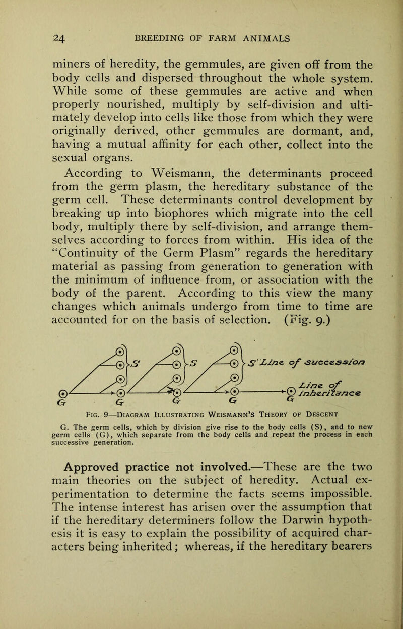miners of heredity, the gemmules, are given off from the body cells and dispersed throughout the whole system. While some of these gemmules are active and when properly nourished, multiply by self-division and ulti- mately develop into cells like those from which they were originally derived, other gemmules are dormant, and, having a mutual affinity for each other, collect into the sexual organs. According to Weismann, the determinants proceed from the germ plasm, the hereditary substance of the germ cell. These determinants control development by breaking up into biophores which migrate into the cell body, multiply there by self-division, and arrange them- selves according to forces from within. His idea of the “Continuity of the Germ Plasm” regards the hereditary material as passing from generation to generation with the minimum of influence from, or association with the body of the parent. According to this view the many changes which animals undergo from time to time are accounted for on the basis of selection. (Fig. 9.) Fig. 9—Diagram Illustrating Weismann’s Theory of Descent G. The germ cells, which by division give rise to the body cells (S), and to new germ cells (G), which separate from the body cells and repeat the process in each successive generation. Approved practice not involved.—These are the two main theories on the subject of heredity. Actual ex- perimentation to determine the facts seems impossible. The intense interest has arisen over the assumption that if the hereditary determiners follow the Darwin hypoth- esis it is easy to explain the possibility of acquired char- acters being inherited; whereas, if the hereditary bearers