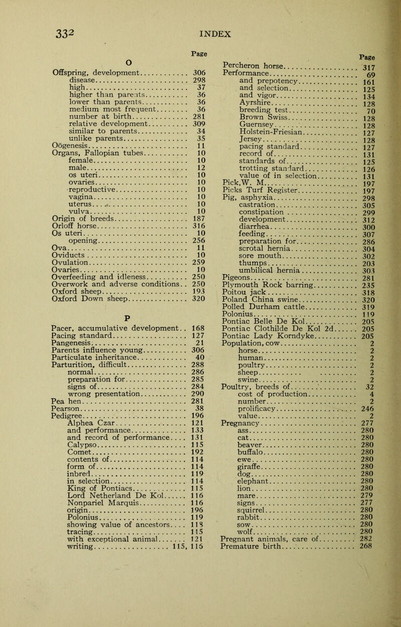 O Offspring, development disease high higher than parents lower than parents medium most frequent number at birth relative development similar to parents unlike parents Oogenesis Organs, Fallopian tubes female male os uteri ovaries reproductive vagina uterus... a vulva Origin of breeds Orloff horse Os uteri opening Ova Oviducts Ovulation Ovaries Overfeeding and idleness Overwork and adverse conditions. . Oxford sheep Oxford Down sheep P Pacer, accumulative development. . Pacing standard Pangenesis Parents influence young Particulate inheritance Parturition, difficult normal preparation for signs of wrong presentation Pea hen Pearson Pedigree Alphea Czar and performance and record of performance.... Calypso Comet contents of form of inbred in selection King of Pontiacs Lord Netherland De Kol Nonpariel Marquis origin Polonius showing value of ancestors.. . . tracing with exceptional animal writing 115, Page Percheron horse 317 Performance \\\\ 59 and prepotency 161 and selection 125 and vigor ' ‘ 134 Ayrshire 128 breeding test 70 Brown Swiss 128 Guernsey 128 Holstein-Friesian 127 Jersey 128 pacing standard 127 record of 131 standards of 125 trotting standard 126 value of in selection 131 Pick.W. M 197 Picks Turf Register 197 Pig, asphyxia 298 castration 305 constipation 299 development 312 diarrhea 300 feeding 307 preparation for 286 scrotal hernia 304 sore mouth 302 thumps 203 umbilical hernia 303 Pigeons 281 Plymouth Rock barring 235 Poitou jack 318 Poland China swine 320 Polled Durham cattle 319 Polonius 119 Pontiac Belle De Kol 205 Pontiac Clothilde De Kol 2d 205 Pontiac Lady Korndyke 205 Population, co w 2 horse 2 human 2 poultry 2 sheep 2 swine 2 Poultry, breeds of 32 cost of production 4 number 2 prolificacy 246 value 2 Pregnancy 277 ass 280 cat 280 beaver 280 buffalo 280 ewe 280 giraffe 280 dog 280 elephant 280 lion 280 mare 279 signs 277 squirrel 280 rabbit 280 sow 280 wolf 280 Pregnant animals, care of 282 Premature birth. 268 Page 306 298 37 36 36 36 281 309 34 35 11 10 10 12 10 10 10 10 10 10 187 316 10 256 11 10 259 10 250 250 193 320 168 127 21 306 40 288 286 285 284 290 281 38 196 121 133 131 115 192 114 114 119 114 115 116 116 196 119 118 115 121 116