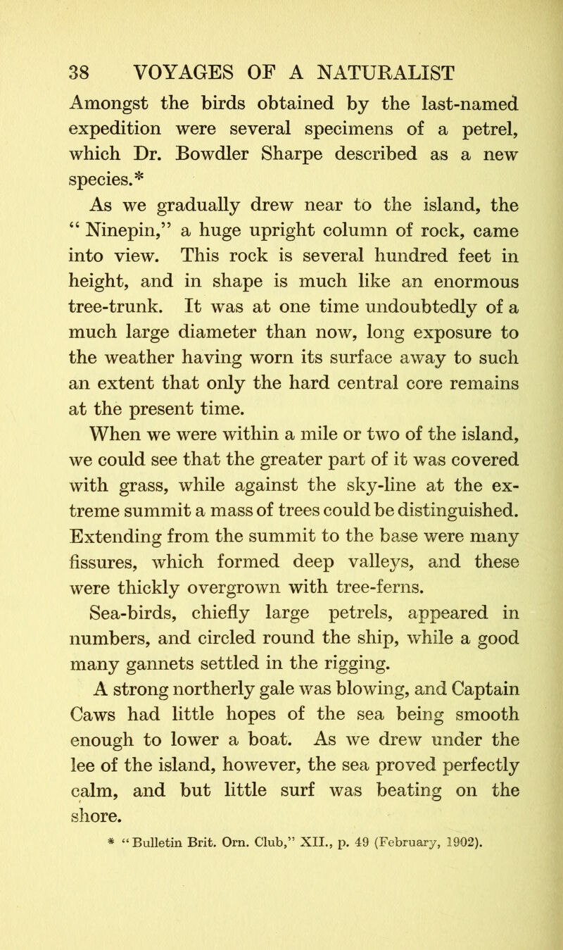 Amongst the birds obtained by the last-named expedition were several specimens of a petrel, which Dr. Bowdler Sharpe described as a new species.* As we gradually drew near to the island, the “ Ninepin,” a huge upright column of rock, came into view. This rock is several hundred feet in height, and in shape is much like an enormous tree-trunk. It was at one time undoubtedly of a much large diameter than now, long exposure to the weather having worn its surface away to such an extent that only the hard central core remains at the present time. When we were within a mile or two of the island, we could see that the greater part of it was covered with grass, while against the sky-line at the ex- treme summit a mass of trees could be distinguished. Extending from the summit to the base were many fissures, which formed deep valleys, and these were thickly overgrown with tree-ferns. Sea-birds, chiefly large petrels, appeared in numbers, and circled round the ship, while a good many gannets settled in the rigging. A strong northerly gale was blowing, and Captain Caws had little hopes of the sea being smooth enough to lower a boat. As we drew under the lee of the island, however, the sea proved perfectly calm, and but little surf was beating on the shore. * “Bulletin Brit. Orn. Club,” XII., p. 49 (February, 1902).