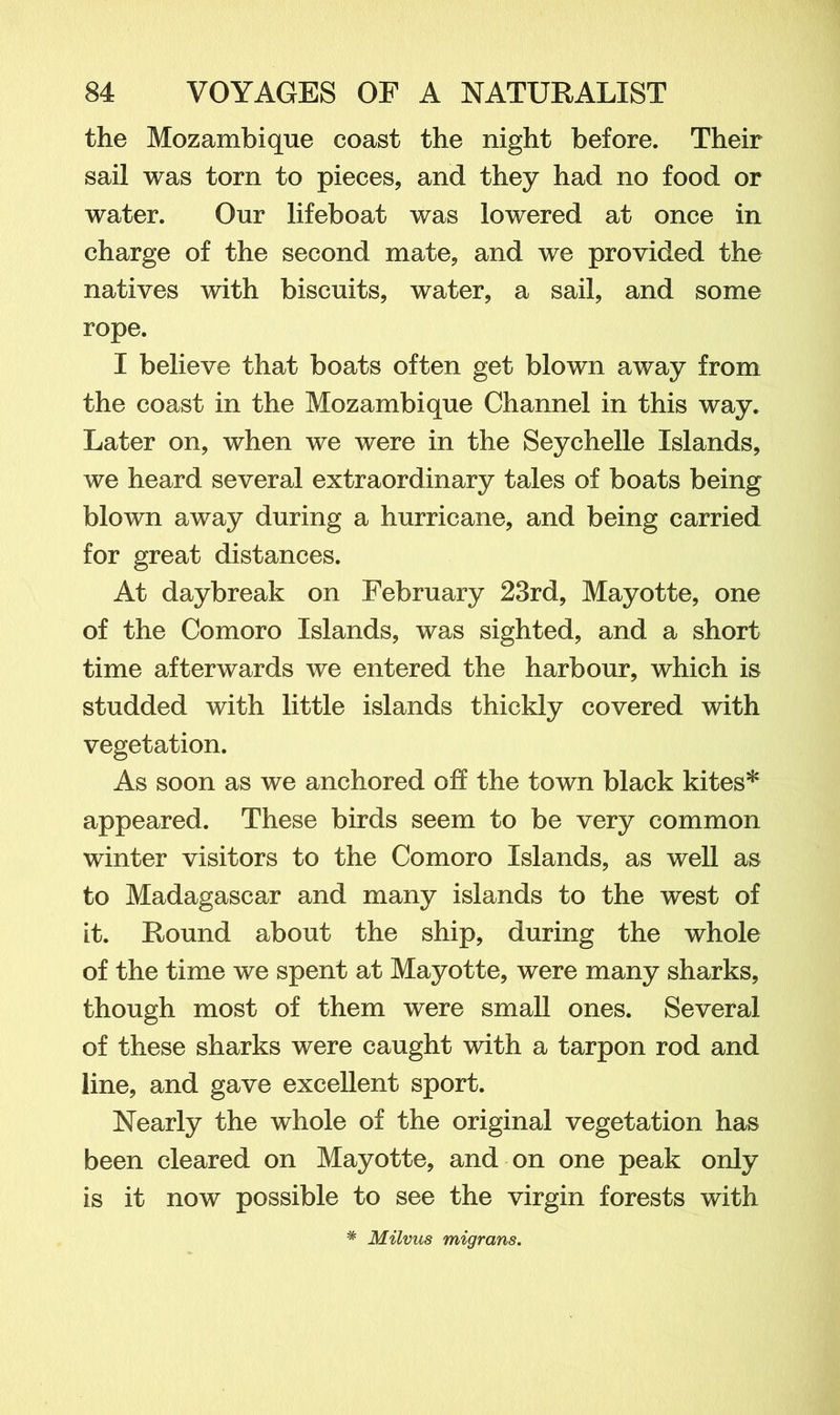 the Mozambique coast the night before. Their sail was torn to pieces, and they had no food or water. Our lifeboat was lowered at once in charge of the second mate, and we provided the natives with biscuits, water, a sail, and some rope. I believe that boats often get blown away from the coast in the Mozambique Channel in this way. Later on, when we were in the Seychelle Islands, we heard several extraordinary tales of boats being blown away during a hurricane, and being carried for great distances. At daybreak on February 23rd, Mayotte, one of the Comoro Islands, was sighted, and a short time afterwards we entered the harbour, which is studded with little islands thickly covered with vegetation. As soon as we anchored off the town black kites* appeared. These birds seem to be very common winter visitors to the Comoro Islands, as well as to Madagascar and many islands to the west of it. Round about the ship, during the whole of the time we spent at Mayotte, were many sharks, though most of them were small ones. Several of these sharks were caught with a tarpon rod and line, and gave excellent sport. Nearly the whole of the original vegetation has been cleared on Mayotte, and on one peak only is it now possible to see the virgin forests with * Milvus migrans.