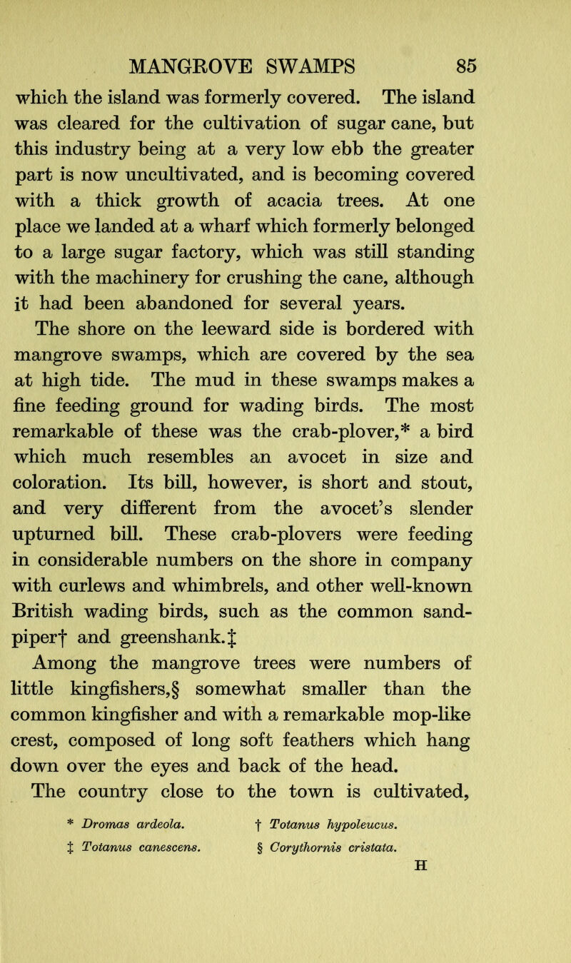 which the island was formerly covered. The island was cleared for the cultivation of sugar cane, but this industry being at a very low ebb the greater part is now uncultivated, and is becoming covered with a thick growth of acacia trees. At one place we landed at a wharf which formerly belonged to a large sugar factory, which was still standing with the machinery for crushing the cane, although it had been abandoned for several years. The shore on the leeward side is bordered with mangrove swamps, which are covered by the sea at high tide. The mud in these swamps makes a fine feeding ground for wading birds. The most remarkable of these was the crab-plover,* a bird which much resembles an avocet in size and coloration. Its bill, however, is short and stout, and very different from the avocet’s slender upturned bill. These crab-plovers were feeding in considerable numbers on the shore in company with curlews and whimbrels, and other well-known British wading birds, such as the common sand- piper| and greenshank.f Among the mangrove trees were numbers of little kingfishers,§ somewhat smaller than the common kingfisher and with a remarkable mop-like crest, composed of long soft feathers which hang down over the eyes and back of the head. The country close to the town is cultivated, * Dromas ardeola. f Totanus hypoleucus. $ Totanus canescens. § Gorythornis cristata. H