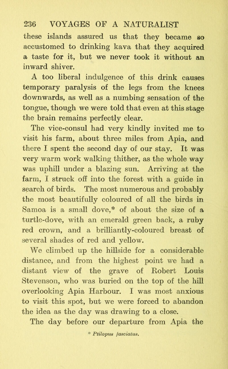 these islands assured us that they became so accustomed to drinking kava that they acquired a taste for it, but we never took it without an inward shiver. A too liberal indulgence of this drink causes temporary paralysis of the legs from the knees downwards, as well as a numbing sensation of the tongue, though we were told that even at this stage the brain remains perfectly clear. The vice-consul had very kindly invited me to visit his farm, about three miles from Apia, and there I spent the second day of our stay. It was very warm work walking thither, as the whole way was uphill under a blazing sun. Arriving at the farm, I struck off into the forest with a guide in search of birds. The most numerous and probably the most beautifully coloured of all the birds in Samoa is a small dove,* of about the size of a turtle-dove, with an emerald green back, a ruby red crown, and a brilliantly-coloured breast of several shades of red and yellow. We climbed up the hillside for a considerable distance, and from the highest point we had a distant view of the grave of Robert Louis Stevenson, who was buried on the top of the hill overlooking Apia Harbour. I was most anxious to visit this spot, but we were forced to abandon the idea as the day was drawing to a close. The day before our departure from Apia the * Ptilopus fasciatus.