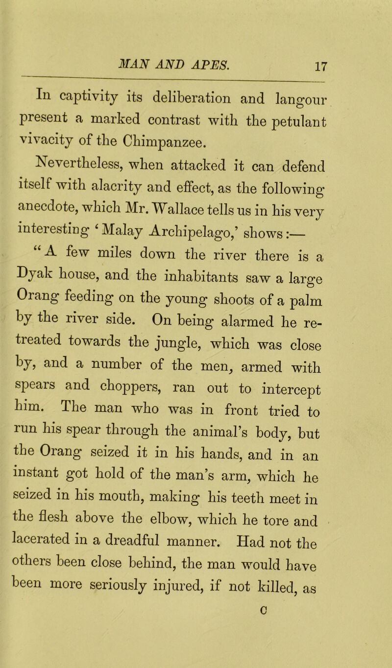 111 captivity its deliberation and langoiir present a marked contrast with the petulant vivacity of the Chimpanzee. Nevertheless, when attacked it can defend itself with alacrity and effect, as the following anecdote, which Mr, TV^allace tells us in his very interestiug ^ Malay Archipelago,’ shows:— “ A few miles down the river there is a Dyak house, and the inhabitants saw a large Orang feeding on the young shoots of a palm by the river side. On being alarmed he re- treated towards the jungle, which was close by, and a number of the men^ armed with spears and choppers, ran out to intercept him. The man who was in front tried to run his spear through the animal’s body, but the Orang seized it in his hands, and in an instant got hold of the man’s arm, which he seized in his mouth, making his teeth meet in the flesh above the elbow, which he tore and lacerated in a dreadful manner. Had not the others been close behind, the man would have been more seriously injured, if not killed, as c