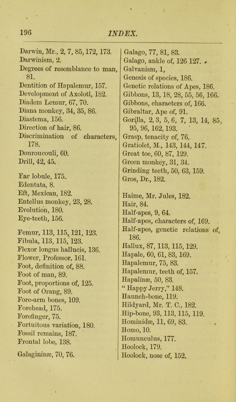 Darwin, m., 2, 7, 85,172, 173. Darwinism, 2. Degrees of resemblance to man, 81. Dentition of Hapalemnr, 157. Development of Axolotl, 182. Diadem Lemur, 67, 70. Diana monkey, 34, 35, 86. Diastema, 156. Direction of hair, 86. Discrimination of characters, 178. Douroncouli, 60. Drill, 42, 45. Ear lobule, 175.. Edentata, 8. Eft, Mexican, 182. Entellus monkey, 23, 28. Evolution, 180. Eye-teeth, 156. Femur, 113, 115,121, 123. Fibula, 113, 115, 123. Flexor longus hallucis, 136. Flower, Professor, 161. Foot, definition of, 88. Foot of man, 89. Foot, proportions of, 125. Foot of Orang, 89. Fore-arm bones, 109. Forehead, 175. Forefinger, 75. Fortuitous variation, 180. Fossil remains, 187. Frontal lobe, 138. Galaginina3, 70, 76. I Galago, 77, 81, 83. Galago, ankle of, 126 127. / Galvanism, 1, Genesis of species, 186. Genetic relations of Apes, 186. Gibbons, 13,18, 28, 55, 56, 166. Gibbons, characters of, 166. Gibraltar, Ape of, 91. Gori^lla, 2, 3, 5, 6, 7, 13, 14, 85, 95, 96,162,193. ’ Grasp, tenacity of, 76. Gratiolet, M., 143, 144, 147. Great toe, 60, 87, 129. Green monkey, 31, 34. Grinding teeth, 50, 63, 159. Gros, Dr., 182. Haime, Mr. Jules, 182. Hair, 84. Half-apes, 9, 64. Half-apes, characters of, 169. Half-apes, genetic relations of, 186. Hallux, 87,113,115,129. Hapale, 60, 61, 83, 169. Ha2Dalemur, 75, 83. Hapalemur, teeth of, 157. Hapalinte, 50, 83. “ Hai^iDy Jerry,” 148. Haunch-bone, 119. Hildyard, Mr. T. C., 182. HiiD-bone, 93, 113,115, 119. Hominidse, 11, 69, 83. Homo, 10. Homunculus, 177. Hoolock, 179. Hoolock, nose of, 152.