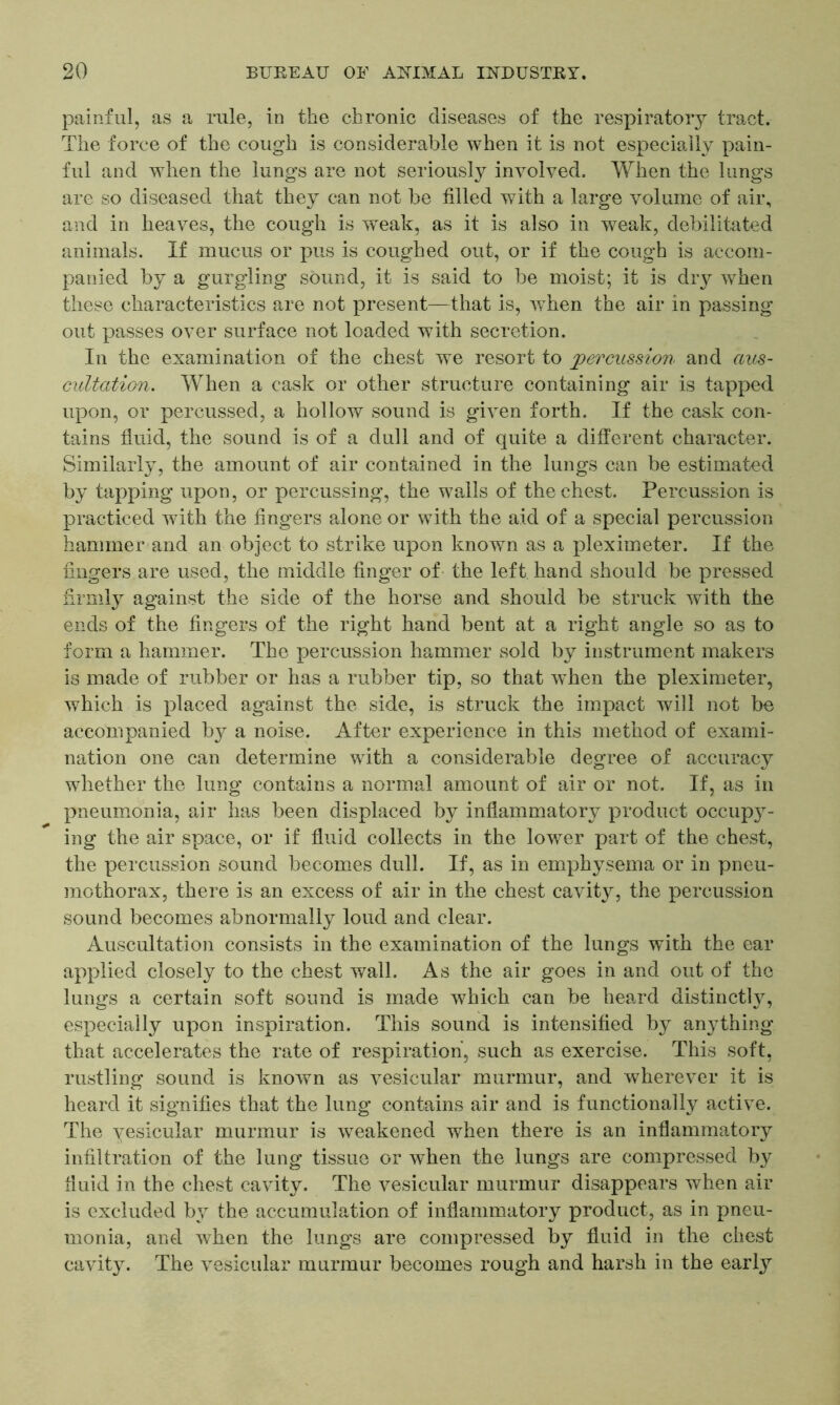painful, as a rule, in the chronic diseases of the respiratory tract. The force of the cough is considerable when it is not especially pain- ful and when the lungs are not seriously involved. When the lungs are so diseased that they can not be filled with a large volume of air, and in heaves, the cough is weak, as it is also in weak, debilitated animals. If mucus or pus is coughed out, or if the cough is accom- panied by a gurgling sound, it is said to be moist; it is diy when these characteristics are not present—that is, wThen the air in passing out passes over surface not loaded with secretion. In the examination of the chest we resort to percussion and aus- cultation. When a cask or other structure containing air is tapped upon, or percussed, a hollow sound is given forth. If the cask con- tains fluid, the sound is of a dull and of quite a different character. Similarly, the amount of air contained in the lungs can be estimated by tapping upon, or percussing, the walls of the chest. Percussion is practiced with the fingers alone or with the aid of a special percussion hammer and an object to strike upon known as a pleximeter. If the fingers are used, the middle finger of the left, hand should be pressed firmly against the side of the horse and should be struck with the ends of the fingers of the right hand bent at a right angle so as to form a hammer. The percussion hammer sold by instrument makers is made of rubber or has a rubber tip, so that when the pleximeter, which is placed against the side, is struck the impact will not be accompanied by a noise. After experience in this method of exami- nation one can determine with a considerable degree of accuracy whether the lung contains a normal amount of air or not. If, as in pneumonia, air has been displaced by inflammatory product occupy- ing the air space, or if fluid collects in the lower part of the chest, the percussion sound becomes dull. If, as in emphysema or in pneu- mothorax, there is an excess of air in the chest cavity, the percussion sound becomes abnormally loud and clear. Auscultation consists in the examination of the lungs with the ear applied closely to the chest wall. As the air goes in and out of the lungs a certain soft sound is made which can be heard distinctly, especially upon inspiration. This sound is intensified by anything that accelerates the rate of respiration, such as exercise. This soft, rustling sound is known as vesicular murmur, and wherever it is heard it signifies that the lung contains air and is functionally active. The yesicular murmur is weakened when there is an inflammatory infiltration of the lung tissue or when the lungs are compressed by fluid in the chest cavity. The vesicular murmur disappears when air is excluded by the accumulation of inflammatory product, as in pneu- monia, and when the lungs are compressed by fluid in the chest cavity. The vesicular murmur becomes rough and harsh in the early
