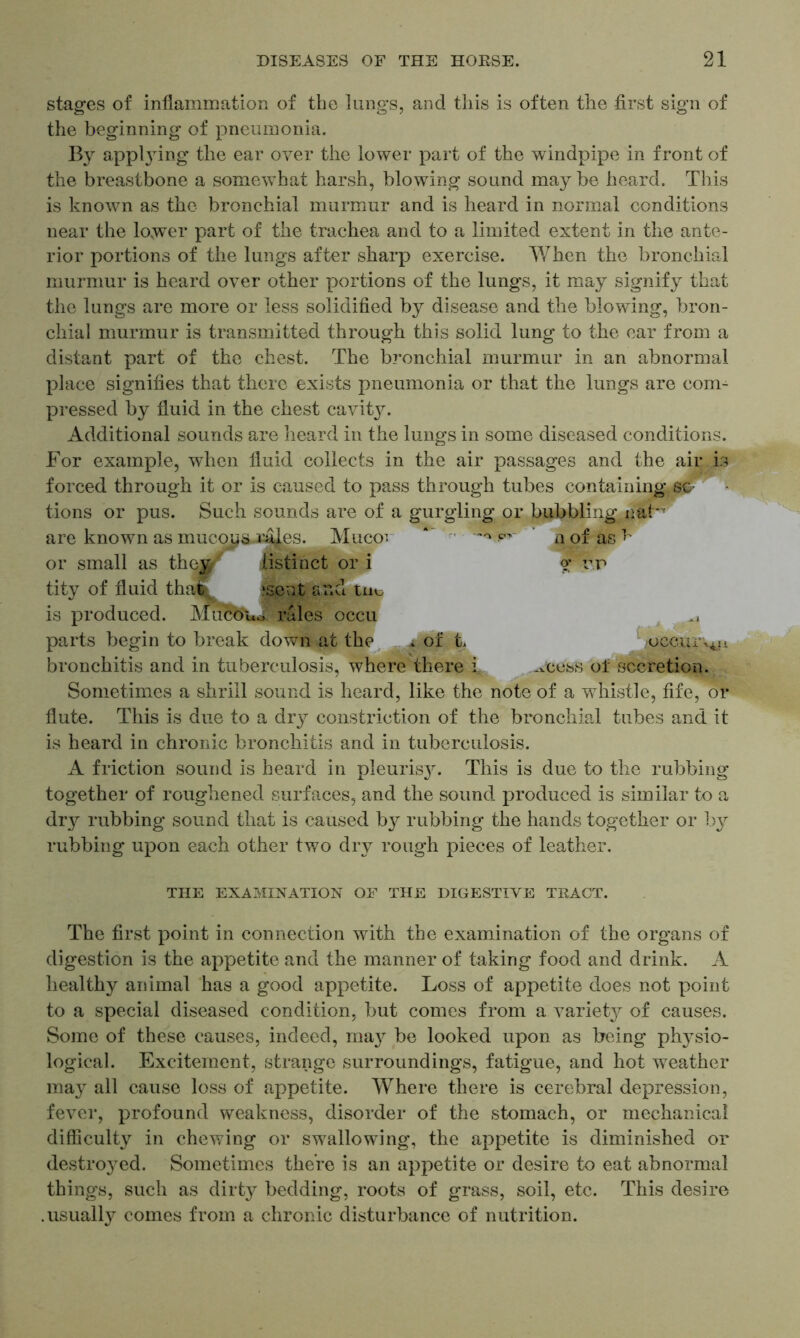 stages of inflammation of the lungs, and this is often the first sign of the beginning of pneumonia. By appl}ring the ear over the lower part of the windpipe in front of the breastbone a somewhat harsh, blowing sound may be heard. This is known as the bronchial murmur and is heard in normal conditions near the lower part of the trachea and to a limited extent in the ante- rior portions of the lungs after sharp exercise. When the bronchial murmur is heard over other portions of the lungs, it may signify that the lungs are more or less solidified by disease and the blowing, bron- chial murmur is transmitted through this solid lung to the ear from a distant part of the chest. The bronchial murmur in an abnormal place signifies that there exists pneumonia or that the lungs are com- pressed by fluid in the chest cavity. Additional sounds are heard in the lungs in some diseased conditions. For example, when fluid collects in the air passages and the air is forced through it or is caused to pass through tubes containing se- tions or pus. Such sounds are of a gurgling or bubbling nat” are known as mucosa x^es. Mucor A nofas^ or small as the$ iistinct or J g*vr tity of fluid that^ ‘sent and tut is produced. Mu^wJ rales occu ^ parts begin to break down at the , of t oecur^u bronchitis and in tuberculosis, where there i Aoess of secretion. Sometimes a shrill sound is heard, like the note of a whistle, fife, or flute. This is due to a dry constriction of the bronchial tubes and it is heard in chronic bronchitis and in tuberculosis. A friction sound is heard in pleurisy. This is due to the rubbing together of roughened surfaces, and the sound produced is similar to a dry rubbing sound that is caused b}^ rubbing the hands together or by rubbing upon each other two dry rough pieces of leather. THE EXAMINATION OF THE DIGESTIVE TRACT. The first point in connection with the examination of the organs of digestion is the appetite and the manner of taking food and drink. A healthy animal has a good appetite. Loss of appetite does not point to a special diseased condition, but comes from a variety of causes. Some of these causes, indeed, ma}^ be looked upon as being physio- logical. Excitement, strange surroundings, fatigue, and hot weather may all cause loss of appetite. Where there is cerebral depression, fever, profound weakness, disorder of the stomach, or mechanical difficulty in chewing or swallowing, the appetite is diminished or destroyed. Sometimes there is an appetite or desire to eat abnormal things, such as dirty bedding, roots of grass, soil, etc. This desire .usualty comes from a chronic disturbance of nutrition.
