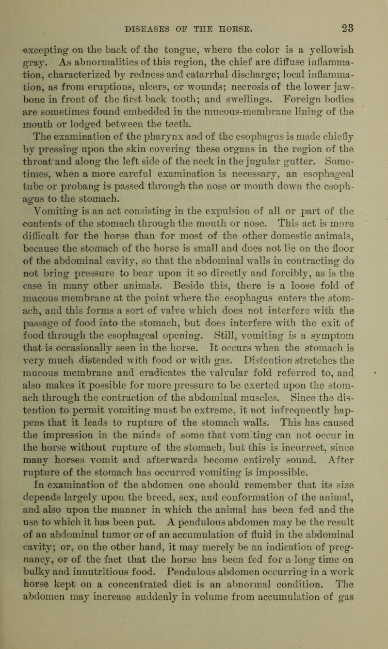 excepting on the back of the tongue, where the color is a yellowish gray. As abnormalities of this region, the chief are diffuse inflamma- tion, characterized by redness and catarrhal discharge; local inflamma- tion, as from eruptions, ulcers, or wounds; necrosis of the lower jaw- bone in front of the first back tooth; and swellings. Foreign bodies are sometimes found embedded in the mucous-membrane lining of the mouth or lodged between the teeth. The examination of the pharynx and of the esophagus is made chiefly by pressing upon the skin covering these organs in the region of the throat and along the left side of the neck in the jugular gutter. Some- times, when a more careful examination is necessary, an esophageal tube or probang is passed through the nose or mouth down the esoph- agus to the stomach. Vomiting is an act consisting in the expulsion of all or part of the contents of the stomach through the mouth or nose. This act is more difficult for the horse than for most of the other domestic animals, because the stomach of the horse is small and does not lie on the floor of the abdominal cavity, so that the abdominal walls in contracting do not bring pressure to bear upon it so directly and forcibly, as is the case in many other animals. Beside this, there is a loose fold of mucous membrane at the point where the esophagus enters the stom- ach, and this forms a sort of valve which does not interfere with the passage of food into the stomach, but does interfere with the exit of food through the esophageal opening. Still, vomiting is a symptom that is occasionally seen in the horse. It occurs when the stomach is very much distended with food or with gas. Distention stretches the mucous membrane and eradicates the valvular fold referred to, and also makes it possible for more pressure to be exerted upon the stom- ach through the contraction of the abdominal muscles. Since the dis- tention to permit vomiting must be extreme, it not infrequently hap- pens that it leads to rupture of the stomach walls. This has caused the impression in the minds of some that vomiting can not occur in the horse without rupture of the stomach, but this is incorrect, since many horses vomit and afterwards become entirely sound. After rupture of the stomach has occurred vomiting is impossible. In examination of the abdomen one should remember that its size depends largely upon the breed, sex, and conformation of the animal, and also upon the manner in which the animal has been fed and the use to which it has been put. A pendulous abdomen may be the result of an abdominal tumor or of an accumulation of fluid in the abdominal cavity; or, on the other hand, it may merely be an indication of preg- nancy, or of the fact that the horse has been fed for a long time on bulky and innutritions food. Pendulous abdomen occurring in a work horse kept on a concentrated diet is an abnormal condition. The abdomen may increase suddenly in volume from accumulation of gas