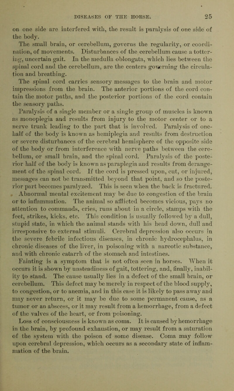 on one side are interfered with, the result is paralysis of one side of the body. The small brain, or cerebellum, governs the regularity, or coordi- nation, of movements. Disturbances of the cerebellum cause a totter- ing, uncertain gait. In the medulla oblongata, which lies between the spinal cord and the cerebellum, are the centers governing the circula- tion and breathing. The spinal cord carries sensory messages to the brain and motor impressions from the brain. The anterior portions of the cord con- tain the motor paths, and the posterior portions of the cord contain the sensory paths. Paralysis of a single member or a single group of muscles is known as monoplegia and results from injury to the motor center or to a nerve trunk leading to the part that is involved. Paralysis of one- half of the body' is known as hemiplegia and results from destruction or severe disturbances of the cerebral hemisphere of the opposite side of the body or from interference with nerve paths between the cere- bellum, or small brain, and the spinal cord. Paralysis of the poste- rior half of the body is known as paraplegia and results from derange- ment of the spinal cord. If the cord is pressed upon, cut, or injured, messages can not be transmitted be}rond that point, and so the poste- rior part becomes paralyzed. This is seen when the back is fractured. Abnormal mental excitement may be due to congestion of the brain or to inflammation. The animal so afilicted becomes vicious, pays no attention to commands, cries, runs about in a circle, stamps with the feet, strikes, kicks, etc. This condition is usually followed by a dull, stupid state, in which the animal stands with his head down, dull and irresponsive to external stimuli. Cerebral depression also occurs in the severe febrile infectious diseases, in chronic hydrocephalus, in chronic diseases of the liver, in poisoning with a narcotic substance, and with chronic catarrh of the stomach and intestines. Fainting is a symptom that is not often seen in horses. When it occurs it is shown by unsteadiness of gait, tottering, and, finally, inabil- ity to stand. The cause usually lies in a defect of the small brain, or cerebellum. This defect may be merely in respect of the blood supply, to congestion, or to anemia, and in this case it is likely to pass away and may never return, or it may be due to some permanent cause, as a tumor or an abscess, or it may result from a hemorrhage, from a defect of the valves of the heart, or from poisoning. Loss of consciousness is known as coma. It is caused b}r hemorrhage in the brain, hy profound exhaustion, or may result from a saturation of the system with the poison of some disease. Coma may follow upon cerebral depression, which occurs as a secondaiy state of inflam- mation of the brain.