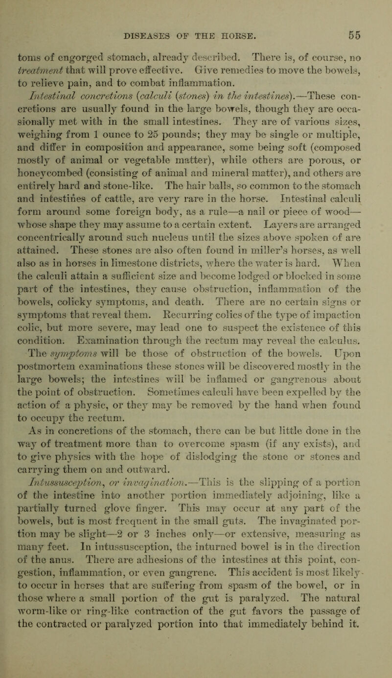 toms of engorged stomach, already described. There is, of course, no treatment that will prove effective. Give remedies to move the bowels, to relieve pain, and to combat inflammation. Intestinal concretions (calculi (stones) in the intestines). —These con- cretions are usually found in the large bowels, though they are occa- sionally met with in the small intestines. They are of various sizes, weighing from 1 ounce to 25 pounds; they may be single or multiple, and differ in composition and appearance, some being soft (composed mostly of animal or vegetable matter), while others are porous, or honeycombed (consisting of animal and mineral matter), and others are entirety hard and stone-like. The hair balls, so common to the stomach and intestines of cattle, are very rare in the horse. Intestinal calculi form around some foreign body, as a rule—a nail or piece of wood—• whose shape they may assume to a certain extent. Layers are arranged concentrically around such nucleus until the sizes above spoken of are attained. These stones are also often found in miller’s horses, as well also as in horses in limestone districts, where the water is hard. When the calculi attain a sufficient size and become lodged or blocked in some part of the intestines, they cause obstruction, inflammation of the bowels, colicky symptoms, and death. There are no certain signs or s}Tmptoms that reveal them. Recurring colics of the type of impaction colic, but more severe, may lead one to suspect the existence of this condition. Examination through the rectum may reveal the calculus. The symptoms will be those of obstruction of the bowels. Upon postmortem examinations these stones will be discovered mostly in the large bowels; the intestines will be inflamed or gangrenous about the point of obstruction. Sometimes calculi have been expelled by the action of a physic, or they may be removed hy the hand when found to occupy the rectum. As in concretions of the stomach, there can be but little done in the way of treatment more than to overcome spasm (if any exists), and to give ph}Tsics with the hope of dislodging the stone or stones and carrying them on and outward. Intussusception, or invagination.—This is the slipping of a portion of the intestine into another portion immediately adjoining, like a partially turned glove finger. This may occur at any part of the bowels, but is most frequent in the small guts. The invaginated por- tion may be slight—2 or 3 inches only—or extensive, measuring as many feet. In intussusception, the inturned bowel is in the direction of the anus. There are adhesions of the intestines at this point, con- gestion, inflammation, or even gangrene. This accident is most likely- to occur in horses that are suffering from spasm of the bowel, or in those where a small portion of the gut is paralyzed. The natural worm-like or ring-like contraction of the gut favors the passage of the contracted or paralyzed portion into that immediately behind it.