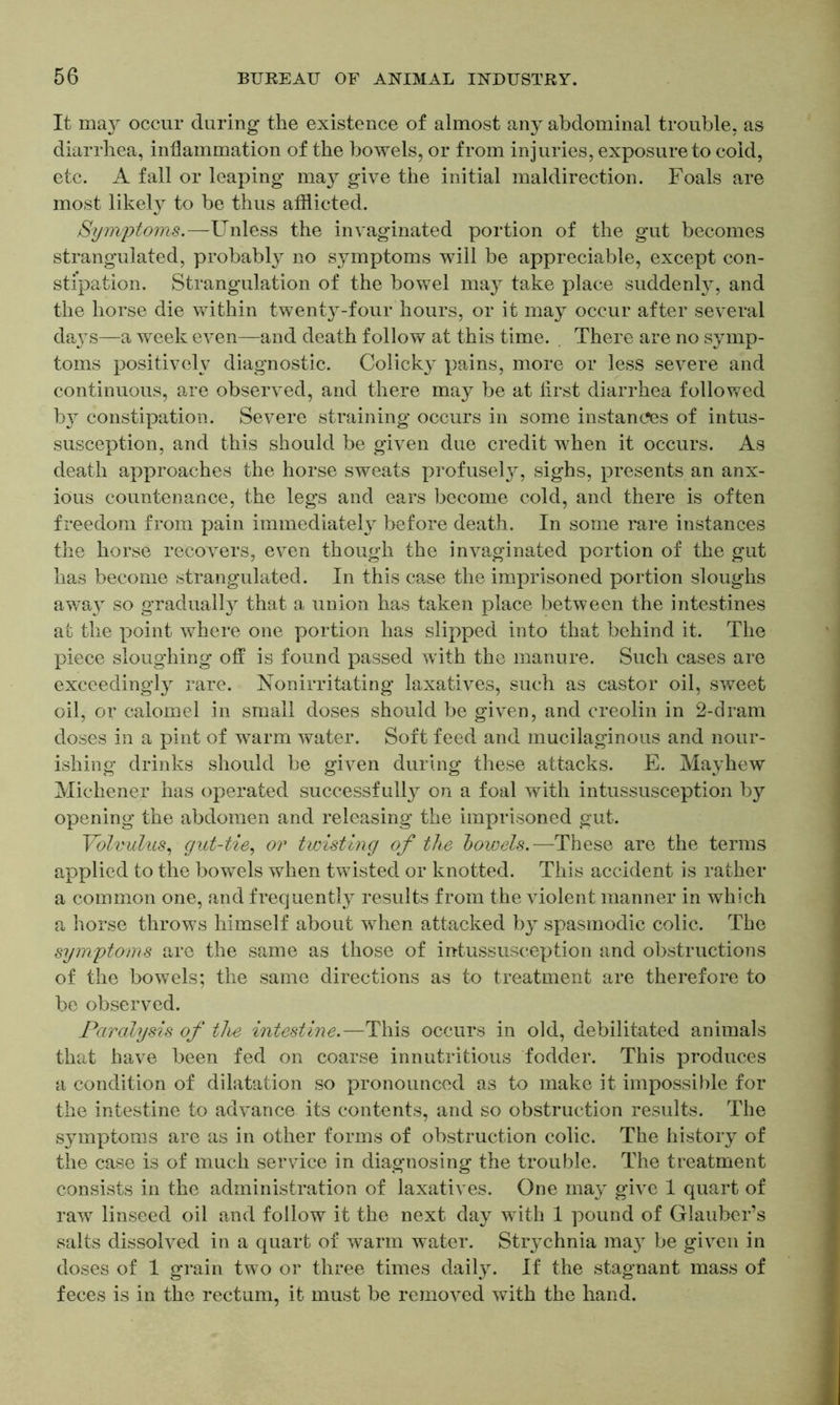 It may occur during the existence of almost any abdominal trouble, as diarrhea, inflammation of the bowels, or from injuries, exposure to cold, etc. A fall or leaping may give the initial maldirection. Foals are most likely to be thus atflicted. Symptoms.—Unless the invaginated portion of the gut becomes strangulated, probably no symptoms will be appreciable, except con- stipation. Strangulation of the bowel may take place suddenly, and the horse die within twenty-four hours, or it may occur after several da}Ts—a week even—and death follow at this time. There are no symp- toms positively diagnostic. Colicky pains, more or less severe and continuous, are observed, and there may be at first diarrhea followed by constipation. Severe straining occurs in some instances of intus- susception, and this should be given due credit when it occurs. As death approaches the horse sweats profusety, sighs, presents an anx- ious countenance, the legs and ears become cold, and there is often freedom from pain immediately before death. In some rare instances the horse recovers, even though the invaginated portion of the gut has become strangulated. In this case the imprisoned portion sloughs away so gradually that a union has taken place between the intestines at the point where one portion has slipped into that behind it. The piece sloughing off is found passed with the manure. Such cases are exceedingly rare. Nonirritating laxatives, such as castor oil, sweet oil, or calomel in small doses should be given, and creolin in 2-dram doses in a pint of warm water. Soft feed and mucilaginous and nour- ishing drinks should be given during these attacks. E. Mayhew Mickener has operated successfully on a foal with intussusception by opening the abdomen and releasing the imprisoned gut. Volvulus, gut-tie, or twisting of the bowels.—These are the terms applied to the bowels when twisted or knotted. This accident is rather a common one, and frequently results from the violent manner in which a horse throws himself about when attacked by spasmodic colic. The symptoms are the same as those of intussusception and obstructions of the bowels; the same directions as to treatment are therefore to be observed. Paralysis of the intestine.—This occurs in old, debilitated animals that have been fed on coarse innutritious fodder. This produces a condition of dilatation so pronounced as to make it impossible for the intestine to advance its contents, and so obstruction results. The symptoms are as in other forms of obstruction colic. The history of the case is of much service in diagnosing the trouble. The treatment consists in the administration of laxatives. One may give 1 quart of raw linseed oil and follow it the next day with 1 pound of Glauber’s salts dissolved in a quart of warm water. Strychnia may be given in doses of 1 grain two or three times daily. If the stagnant mass of feces is in the rectum, it must be removed with the hand.