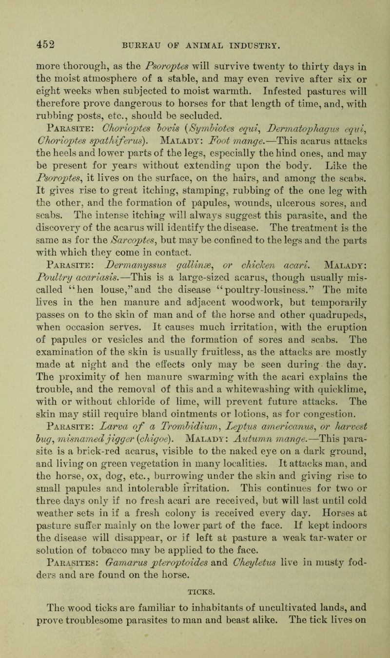 more thorough, as the Psoroptes will survive twenty to thirty days in the moist atmosphere of a stable, and may even revive after six or eight weeks when subjected to moist warmth. Infested pastures will therefore prove dangerous to horses for that length of time, and, with rubbing posts, etc., should be secluded. Parasite: Chorioptes bovis (Symbiotes equi, Dermatophagus equi, Chorioptes spatfiiferus). Malady: Foot mange.—This acarus attacks the heels and lower parts of the legs, especially the hind ones, and may be present for years without extending upon the body. Like the Psoroptes, it lives on the surface, on the hairs, and among the scabs. It gives rise to great itching, stamping, rubbing of the one leg with the other, and the formation of papules, wounds, ulcerous sores, and scabs. The intense itching will always suggest this parasite, and the discovery of the acarus will identify the disease. The treatment is the same as for the Sarcoptes, but may be confined to the legs and the parts with which they come in contact. Parasite: Dermanyssus gallinde, or chicken acari. Malady: Poultry acariasis.—This is a large-sized acarus, though usually mis- called “hen louse,”and the disease “poultry-lousiness.” The mite lives in the hen manure and adjacent woodwork, but temporarily passes on to the skin of man and of the horse and other quadrupeds, when occasion serves. It causes much irritation, with the eruption of papules or vesicles and the formation of sores and scabs. The examination of the skin is usually fruitless, as the attacks are mostly made at night and the effects only may be seen during the day. The proximity of hen manure swarming with the acari explains the trouble, and the removal of this and a whitewashing with quicklime, with or without chloride of lime, will prevent future attacks. The skin may still require bland ointments or lotions, as for congestion. Parasite: Larva of a Trombidium, Leptus americanus, or harvest bug, misnamed jigger (chigoe). Malady: Autumn mange.—This para- site is a brick-red acarus, visible to the naked eye on a dark ground, and living on green vegetation in many localities. It attacks man, and the horse, ox, dog, etc., burrowing under the skin and giving rise to small papules and intolerable irritation. This continues for two or three daj^s only if no fresh acari are received, but will last until cold weather sets in if a fresh colony is received every day. Horses at pasture suffer mainly on the lower part of the face. If kept indoors the disease will disappear, or if left at pasture a weak tar-water or solution of tobacco may be applied to the face. Parasites: Gamarus pteroptoides and Cheyletus live in musty fod- ders and are found on the horse. TICKS. The wood ticks are familiar to inhabitants of uncultivated lands, and prove troublesome parasites to man and beast alike. The tick lives on