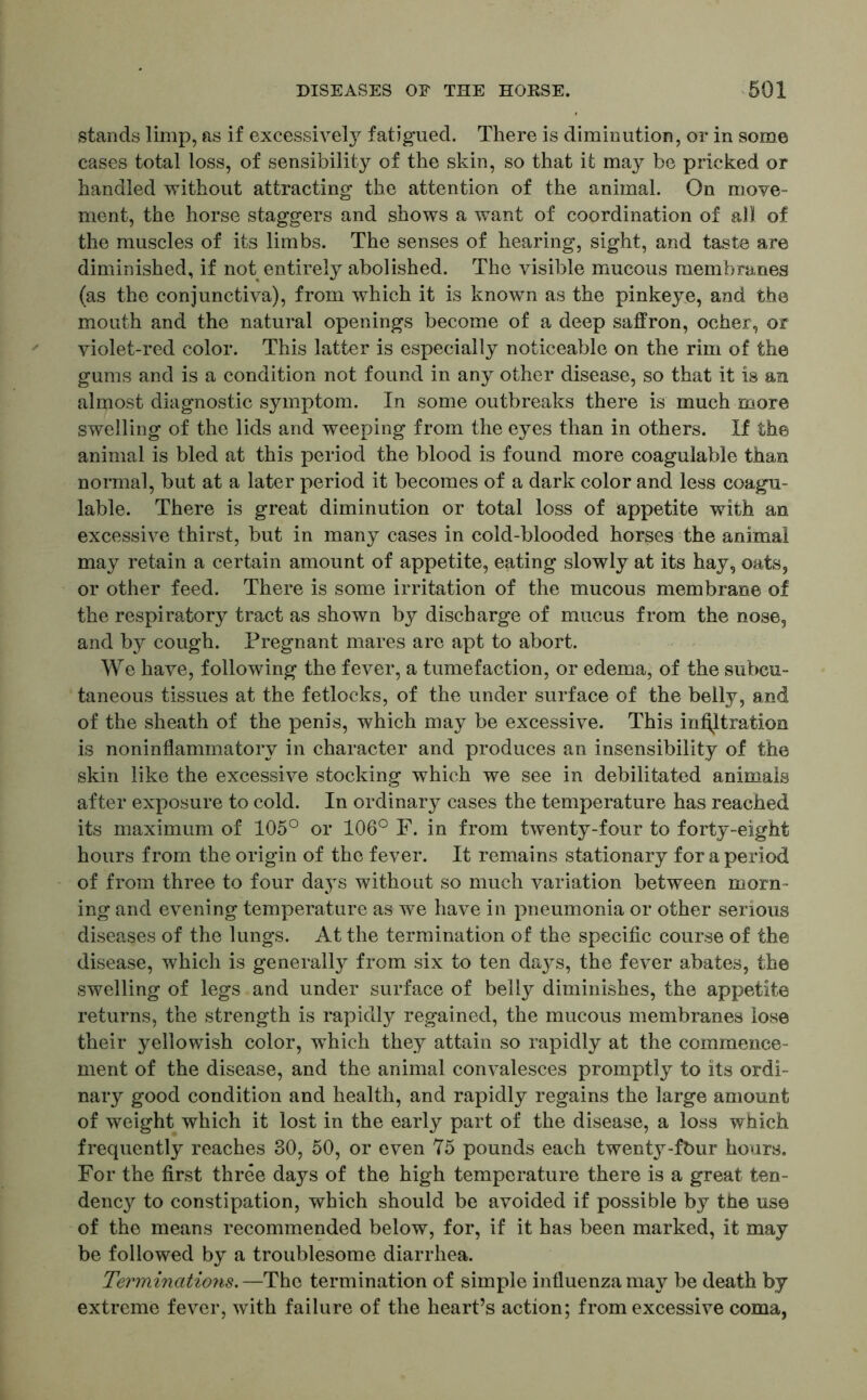 stands limp, as if excessively fatigued. There is diminution, or in some cases total loss, of sensibility of the skin, so that it may be pricked or handled without attracting the attention of the animal. On move- ment, the horse staggers and shows a want of coordination of all of the muscles of its limbs. The senses of hearing, sight, and taste are diminished, if not entirely abolished. The visible mucous membranes (as the conjunctiva), from which it is known as the pinkeye, and the mouth and the natural openings become of a deep saffron, ocher, or violet-red color. This latter is especially noticeable on the rim of the gums and is a condition not found in any other disease, so that it is an almost diagnostic symptom. In some outbreaks there is much more swelling of the lids and weeping from the eyes than in others. If the animal is bled at this period the blood is found more coagulable than normal, but at a later period it becomes of a dark color and less coagu- lable. There is great diminution or total loss of appetite with an excessive thirst, but in many cases in cold-blooded horses the animal may retain a certain amount of appetite, eating slowly at its hay, oats, or other feed. There is some irritation of the mucous membrane of the respiratory tract as shown by discharge of mucus from the nose, and by cough. Pregnant mares are apt to abort. We have, following the fever, a tumefaction, or edema, of the subcu- taneous tissues at the fetlocks, of the under surface of the belly, and of the sheath of the penis, which may be excessive. This infiltration is noninflammatory in character and produces an insensibility of the skin like the excessive stocking which we see in debilitated animals after exposure to cold. In ordinary cases the temperature has reached its maximum of 105° or 106° F. in from twenty-four to forty-eight hours from the origin of the fever. It remains stationary for a period of from three to four days without so much variation between morn- ing and evening temperature as we have in pneumonia or other serious diseases of the lungs. At the termination of the specific course of the disease, which is generally from six to ten days, the fever abates, the swelling of legs and under surface of belly diminishes, the appetite returns, the strength is rapidly regained, the mucous membranes lose their yellowish color, which they attain so rapidly at the commence- ment of the disease, and the animal convalesces promptly to its ordi- nary good condition and health, and rapidly regains the large amount of weight which it lost in the early part of the disease, a loss which frequently reaches 30, 50, or even 75 pounds each twenty-fbur hours. For the first three days of the high temperature there is a great ten- dency to constipation, which should be avoided if possible by the use of the means recommended below, for, if it has been marked, it may be followed by a troublesome diarrhea. Terminations.—The termination of simple influenza may be death by extreme fever, with failure of the heart’s action; from excessive coma,
