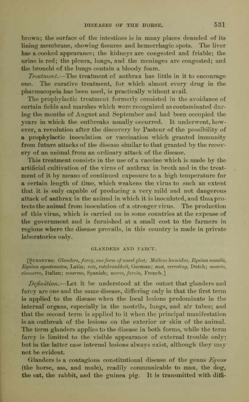 brown; the surface of the intestines is in many places denuded of its lining membrane, showing fissures and hemorrhagic spots. The liver has a cooked appearance; the kidneys are congested and friable; the urine is red; the pleura, lungs, and the meninges are congested; and the bronchi of the lungs contain a bloody foam. Treatment.—The treatment of anthrax has little in it to encourage one. The curative treatment, for which almost every drug in the pharmacopeia has been used, is practically without avail. The prophylactic treatment formerly consisted in the avoidance of certain fields and marshes which were recognized as contaminated dur- ing the months of August and September and had been occupied the 3^ears in which the outbreaks usually occurred. It underwent, how- ever, a revolution after the discovery by Pasteur of the possibility of a prophylactic inoculation or vaccination which granted immunity from future attacks of the disease similar to that granted by the recov- ery of an animal from an ordinary attack of the disease. This treatment consists in the use of a vaccine which is made by the artificial cultivation of the virus of anthrax in broth and in the treat- ment of it by means of continued exposure to a high temperature for a certain length of time, which weakens the virus to such an extent that it is only capable of producing a very mild and not dangerous attack of anthrax in the animal in which it is inoculated, and thus pro- tects the animal from inoculation of a stronger virus. The production of this virus, which is carried on in some countries at the expense of the government and is furnished at a small cost to the farmers in regions where the disease prevails, in this country is made in private laboratories only. GLANDERS AND FARCY. [Synonyms: Glanders, farcy, one form of nasal gleet; Malleus humidus, Equina nasalis, Equina apostematos, Latin; rotz, rotzJcrankheit, German; snot, verroting, Dutch; moccio, ciamorro, Italian; muermo, Spanish; morve, farcin, French.] Definition.—Let it be understood at the outset that glanders and farcy are one and the same disease, differing only in that the first term is applied to the disease when the local lesions predominate in the internal organs, especially in the nostrils, lungs, and air tubes; and that the second term is applied to it when the principal manifestation is an outbreak of the lesions on the exterior or skin of the animal. The term glanders applies to the disease in both forms, while the term farcy is limited to the visible appearance of external trouble only; but in the latter case internal lesions always exist, although they may not be evident. Glanders is a contagious constitutional disease of the genus Equus (the horse, ass, and mule), readily communicable to man, the dog, the cat, the rabbit, and the guinea pig. It is transmitted with diffi-