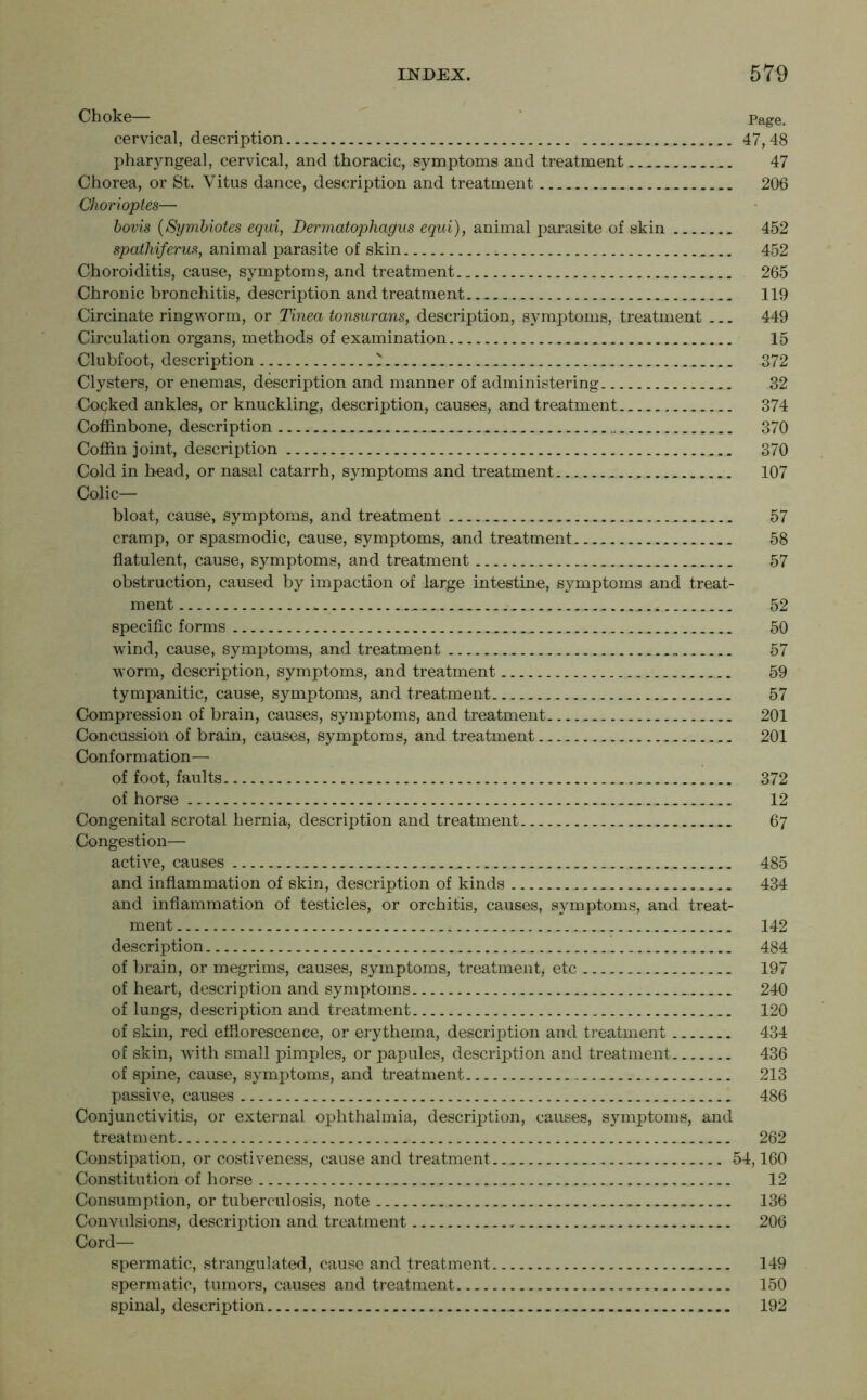 Choke— Page. cervical, description 47,48 pharyngeal, cervical, and thoracic, symptoms and treatment.. 47 Chorea, or St. Vitus dance, description and treatment 206 Chorioptes— bovis (Symbiotes equi, Derrnatophagus equi), animal parasite of skin 452 spathiferus, animal parasite of skin ^ 452 Choroiditis, cause, symptoms, and treatment 265 Chronic bronchitis, description and treatment 119 Circinate ringworm, or Tinea tonsurans, description, symptoms, treatment ... 449 Circulation organs, methods of examination 15 Clubfoot, description '. _... 372 Clysters, or enemas, description and manner of administering 32 Cocked ankles, or knuckling, description, causes, and treatment ... 374 Coffinbone, description 370 Coffin joint, description 370 Cold in head, or nasal catarrh, symptoms and treatment . 107 Colic— bloat, cause, symptoms, and treatment 57 cramp, or spasmodic, cause, symptoms, and treatment.. 58 flatulent, cause, symptoms, and treatment 57 obstruction, caused by impaction of large intestine, symptoms and treat- ment 52 specific forms 50 wind, cause, symptoms, and treatment 57 worm, description, symptoms, and treatment ... 59 tympanitic, cause, symptoms, and treatment 57 Compression of brain, causes, symptoms, and treatment 201 Concussion of brain, causes, symptoms, and treatment 201 Conformation— of foot, faults 372 of horse 12 Congenital scrotal hernia, description and treatment _ 67 Congestion— active, causes .... ... 485 and inflammation of skin, description of kinds , 434 and inflammation of testicles, or orchitis, causes, symptoms, and treat- ment 142 description 484 of brain, or megrims, causes, symptoms, treatment* etc .. 197 of heart, description and symptoms 240 of lungs, description and treatment 120 of skin, red efflorescence, or erythema, description and treatment 434 of skin, with small pimples, or papules, description and treatment 436 of spine, cause, symptoms, and treatment 213 passive, causes 486 Conjunctivitis, or external ophthalmia, description, causes, symptoms, and treatment 262 Constipation, or costiveness, cause and treatment 54,160 Constitution of horse 12 Consumption, or tuberculosis, note 136 Convulsions, description and treatment 206 Cord— spermatic, strangulated, cause and treatment 149 spermatic, tumors, causes and treatment 150 spinal, description 192